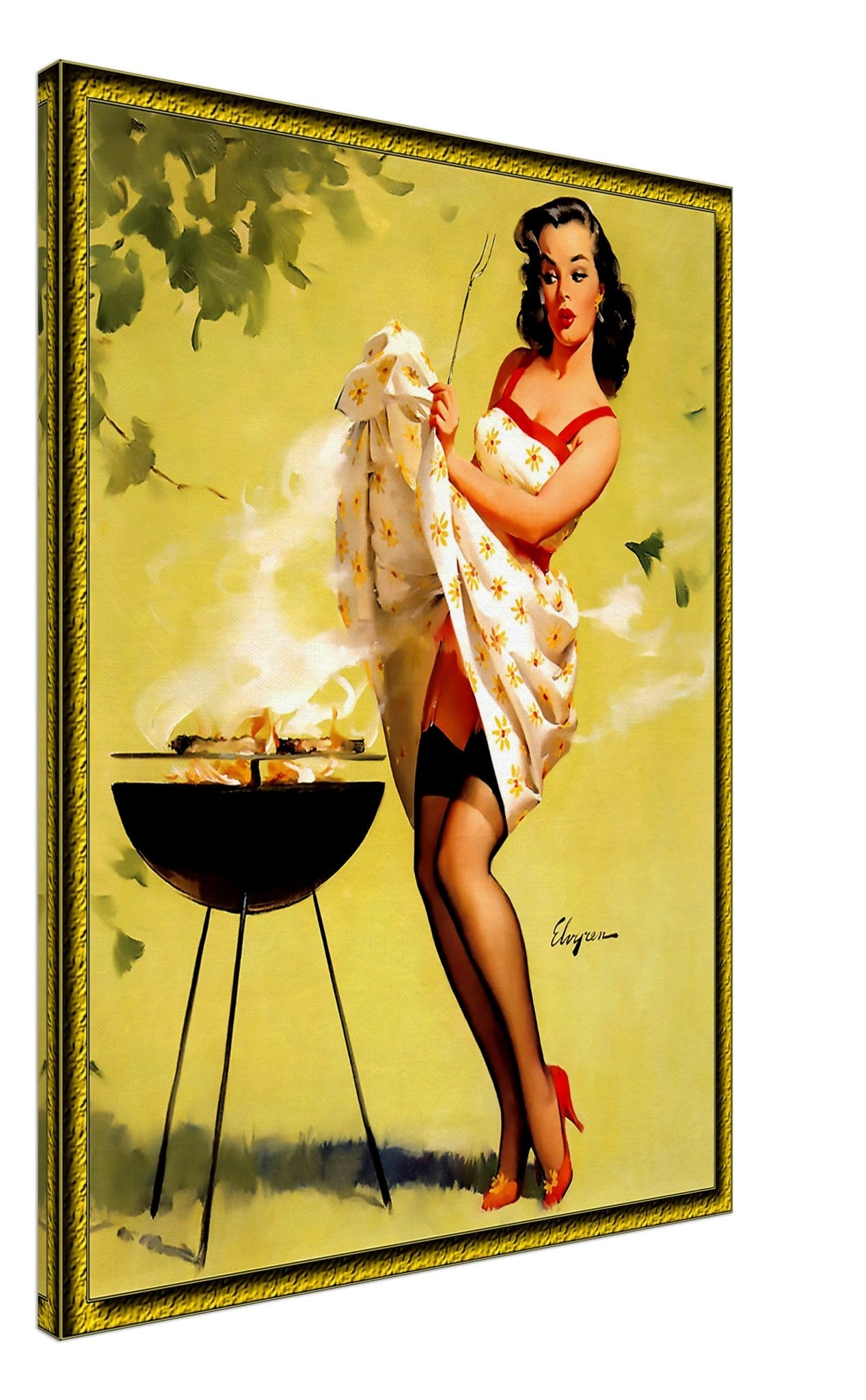 Vintage Pin Up Girl Canvas, Barbeque Fanning Smoke - Gil Elvgren - Vintage Art - Retro Pin Up Girl Canvas Print - Late 1940'S - 1950'S - WallArtPrints4U
