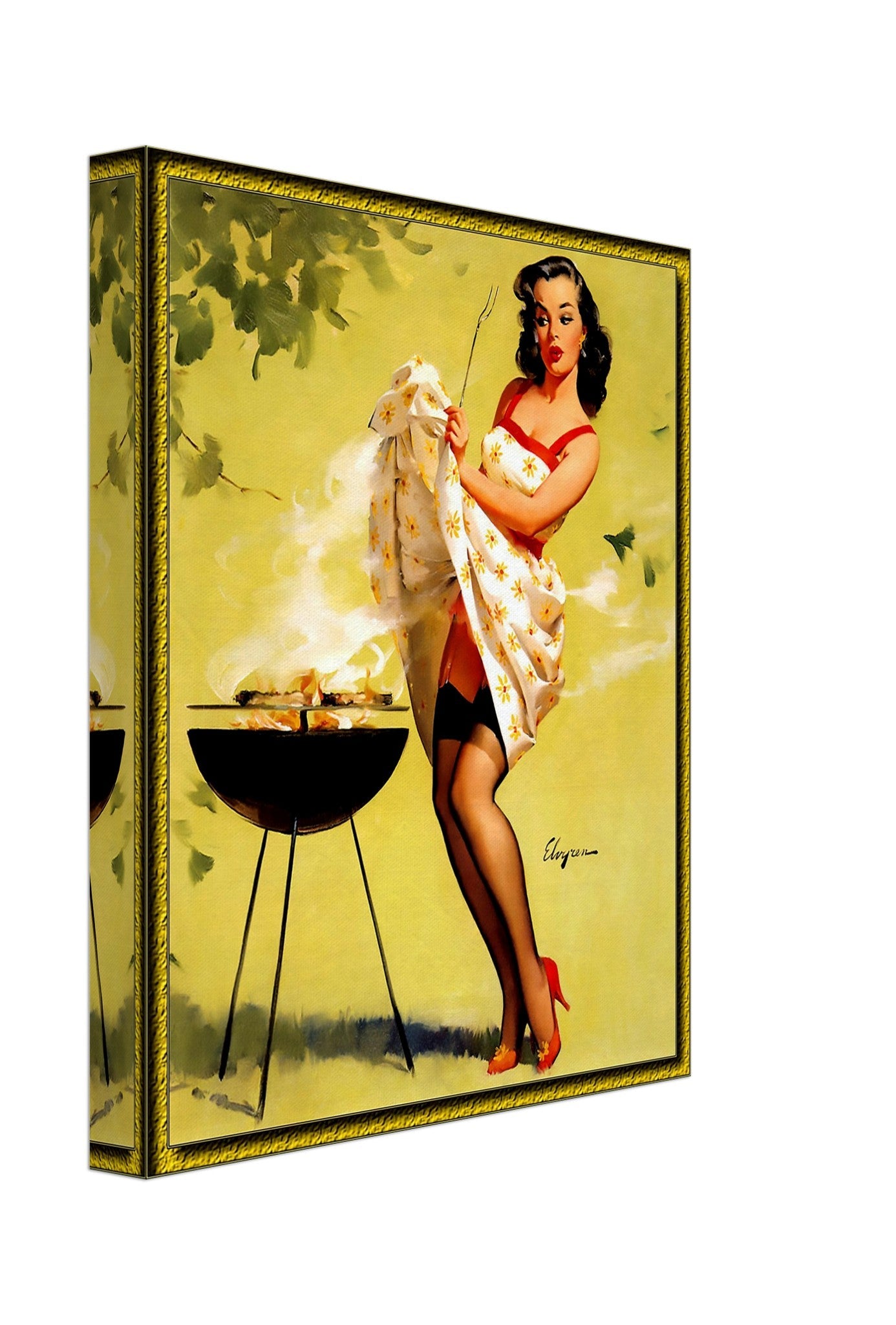 Vintage Pin Up Girl Canvas, Barbeque Fanning Smoke - Gil Elvgren - Vintage Art - Retro Pin Up Girl Canvas Print - Late 1940'S - 1950'S - WallArtPrints4U