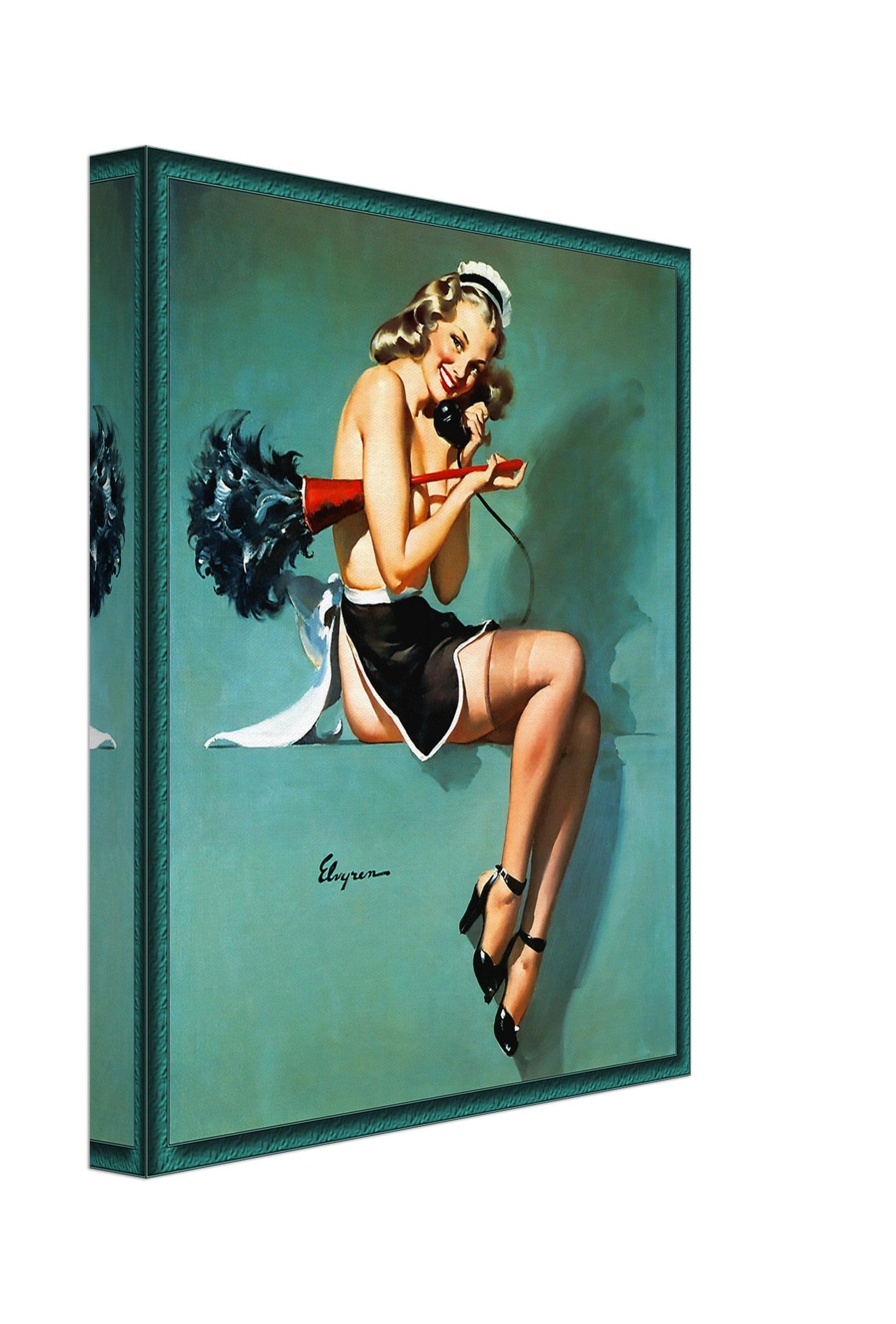 Vintage Pin Up Girl Canvas, On The Phone Cleaning - Gil Elvgren, Vintage Art - Retro Pin Up Girl Canvas Print - Late 1940'S - 1950'S - WallArtPrints4U