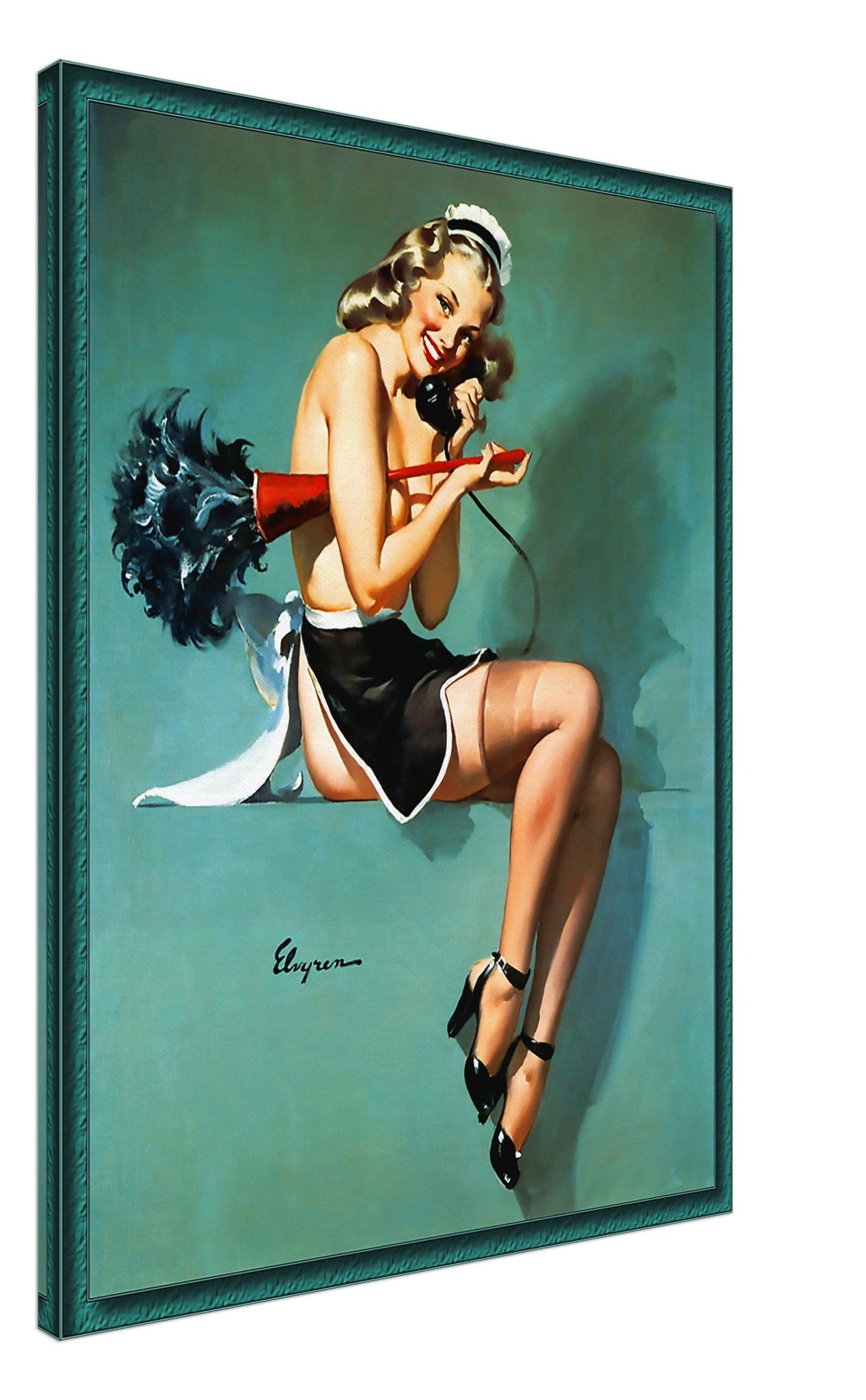 Vintage Pin Up Girl Canvas, On The Phone Cleaning - Gil Elvgren, Vintage Art - Retro Pin Up Girl Canvas Print - Late 1940'S - 1950'S - WallArtPrints4U