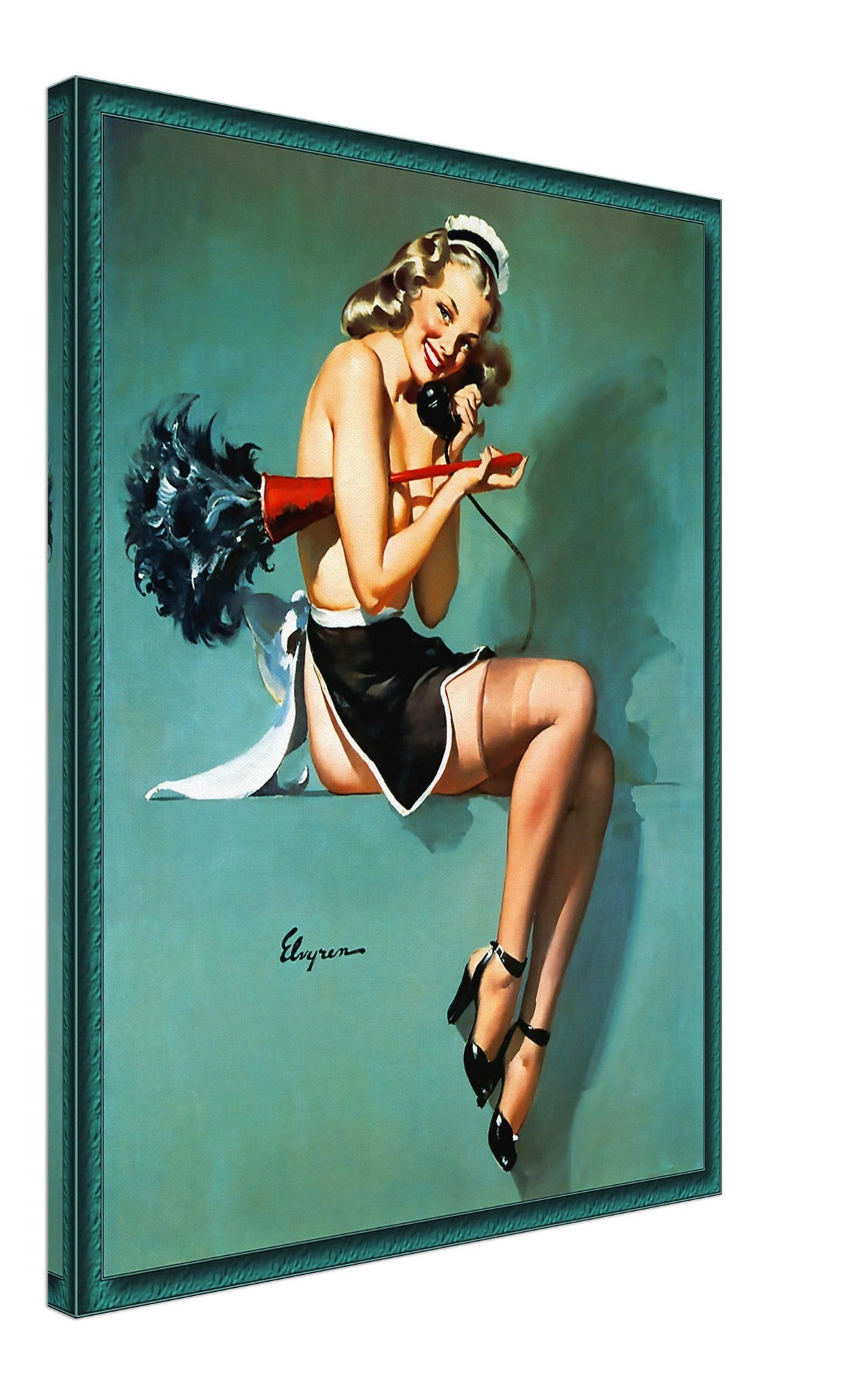 Vintage Pin Up Girl Canvas, On The Phone Cleaning - Gil Elvgren, Vintage Art - Retro Pin Up Girl Canvas Print - Late 1940'S - 1950'S - WallArtPrints4U