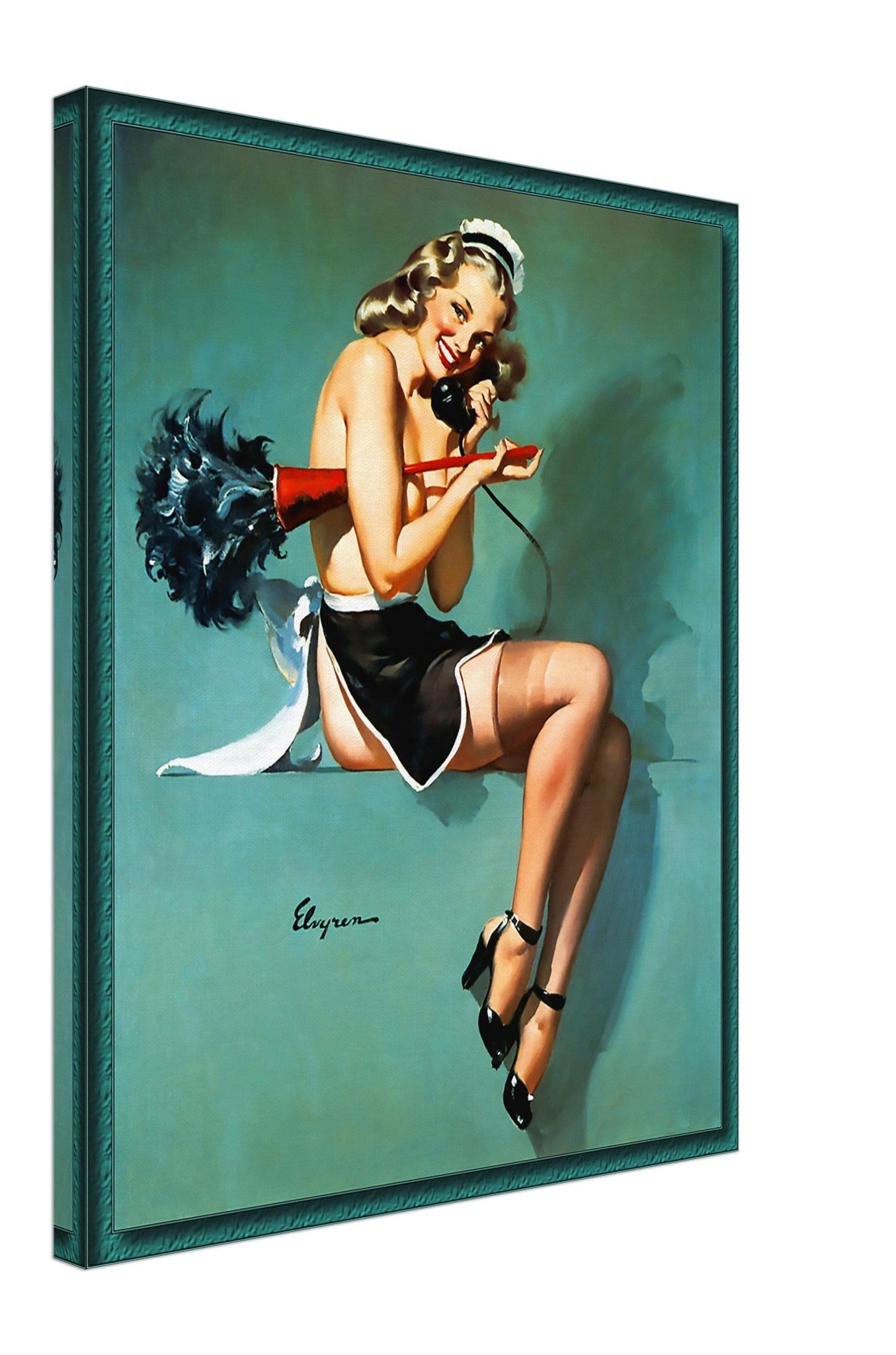 Vintage Pin Up Girl Canvas, On The Phone Cleaning - Gil Elvgren, Vintage Art - Retro Pin Up Girl Canvas Print - Late 1940'S - 1950'S - WallArtPrints4U