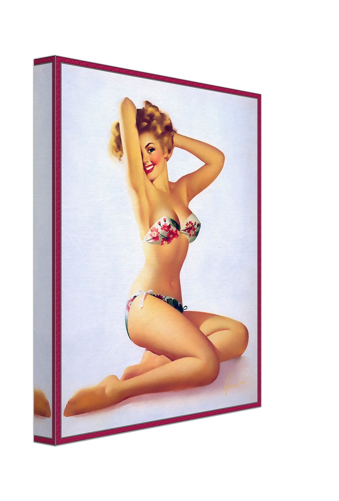Vintage Pin Up Girl Canvas, Red Flowers On Bikini - Edward Runci - Vintage Art - Retro Pin Up Girl Canvas Print - Late 1940'S - 1950'S - WallArtPrints4U