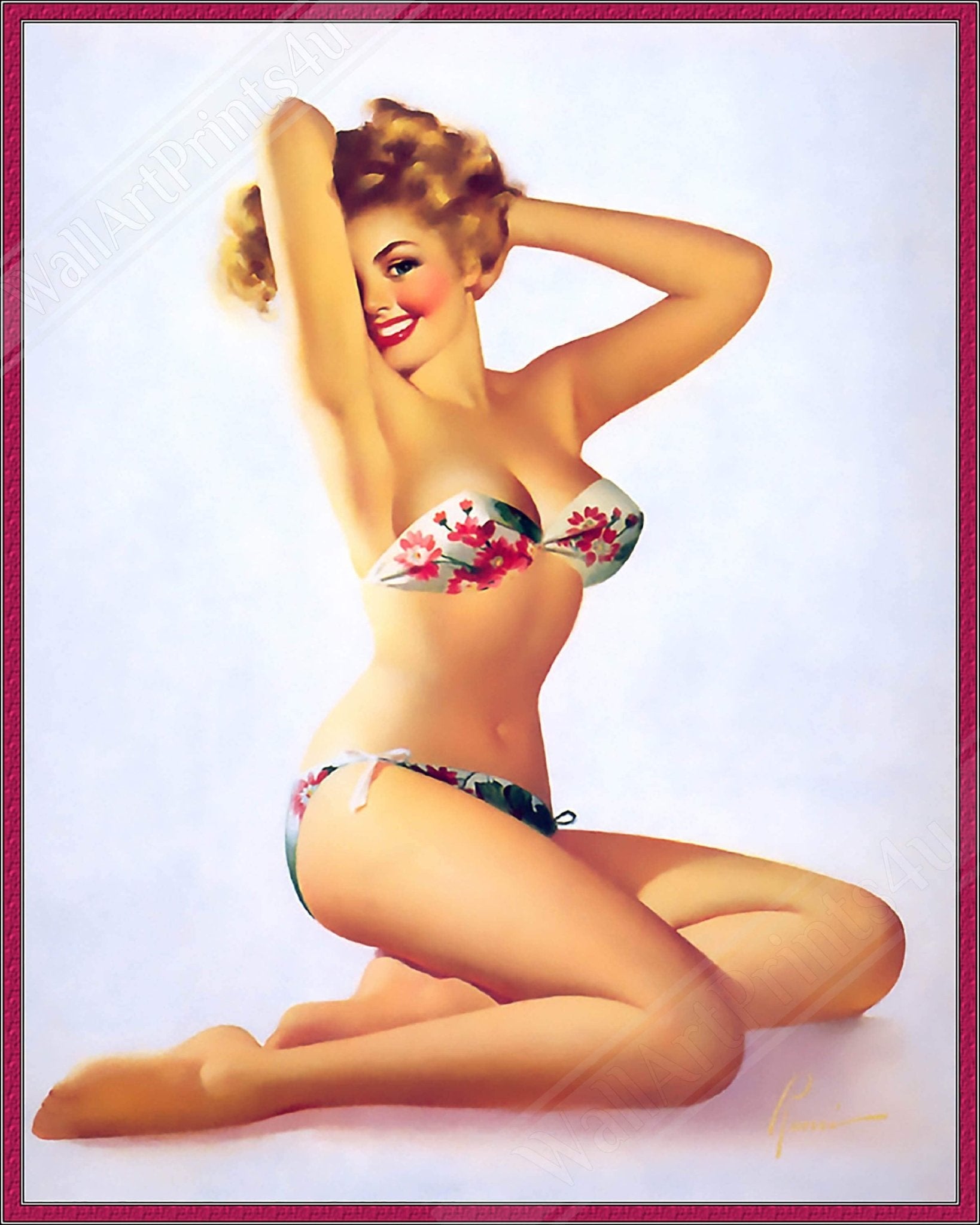 Vintage Pin Up Girl Canvas, Red Flowers On Bikini - Edward Runci - Vintage Art - Retro Pin Up Girl Canvas Print - Late 1940'S - 1950'S - WallArtPrints4U