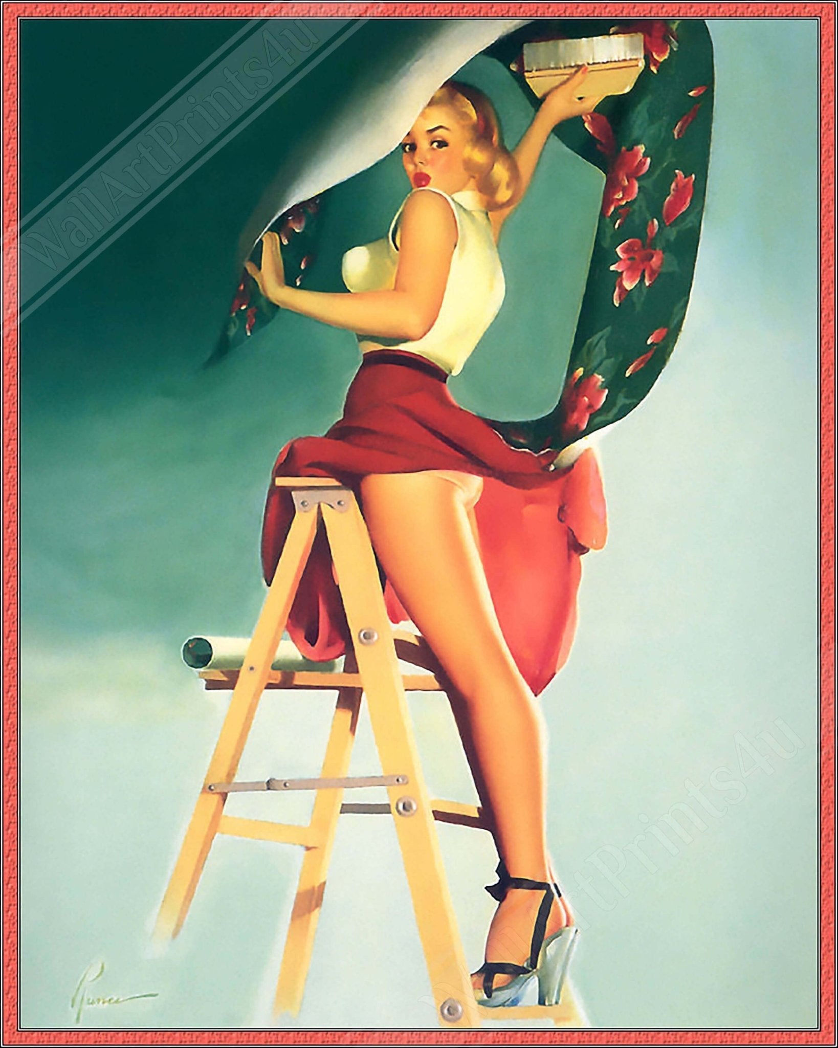 Vintage Pin Up Girl Canvas, Skirt Caught Wallpaper, Edward Runci - Vintage Art - Retro Pin Up Girl Canvas Print - Late 1940'S - 1950'S - WallArtPrints4U