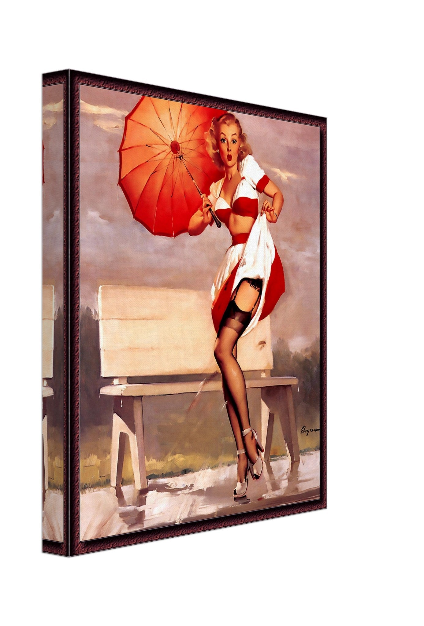 Vintage Pin Up Girl Canvas, Windy Park Bench - Vintage Art - Gil Elvgren - Retro Pin Up Girl Canvas Print - Late 1940'S - 1950'S - WallArtPrints4U
