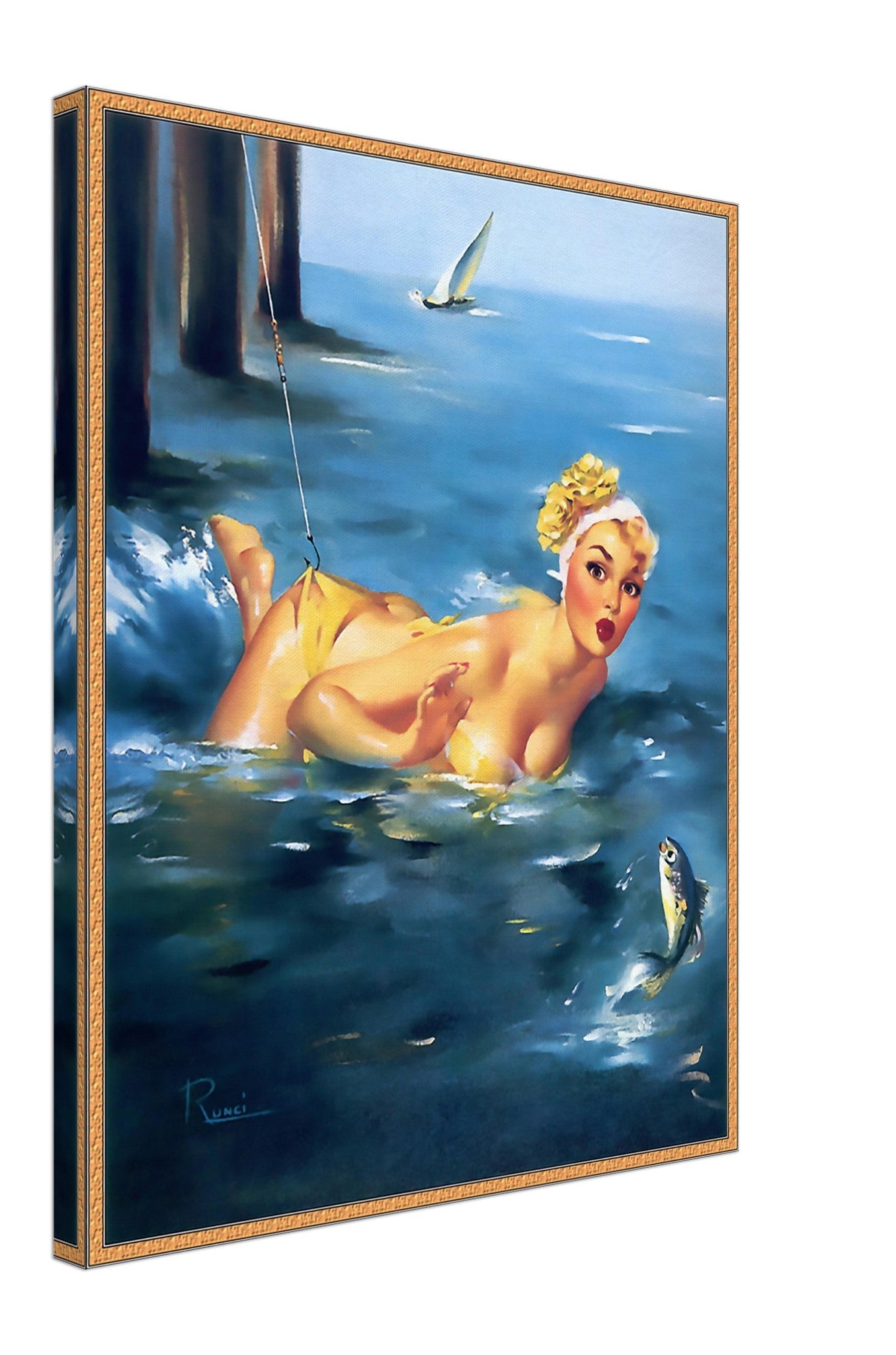 Vintage Pin Up Girl Canvas, Yellow Bikini, Edward Runci - Vintage Art - Retro Pin Up Girl Canvas Print - Late 1940'S - 1950'S - WallArtPrints4U