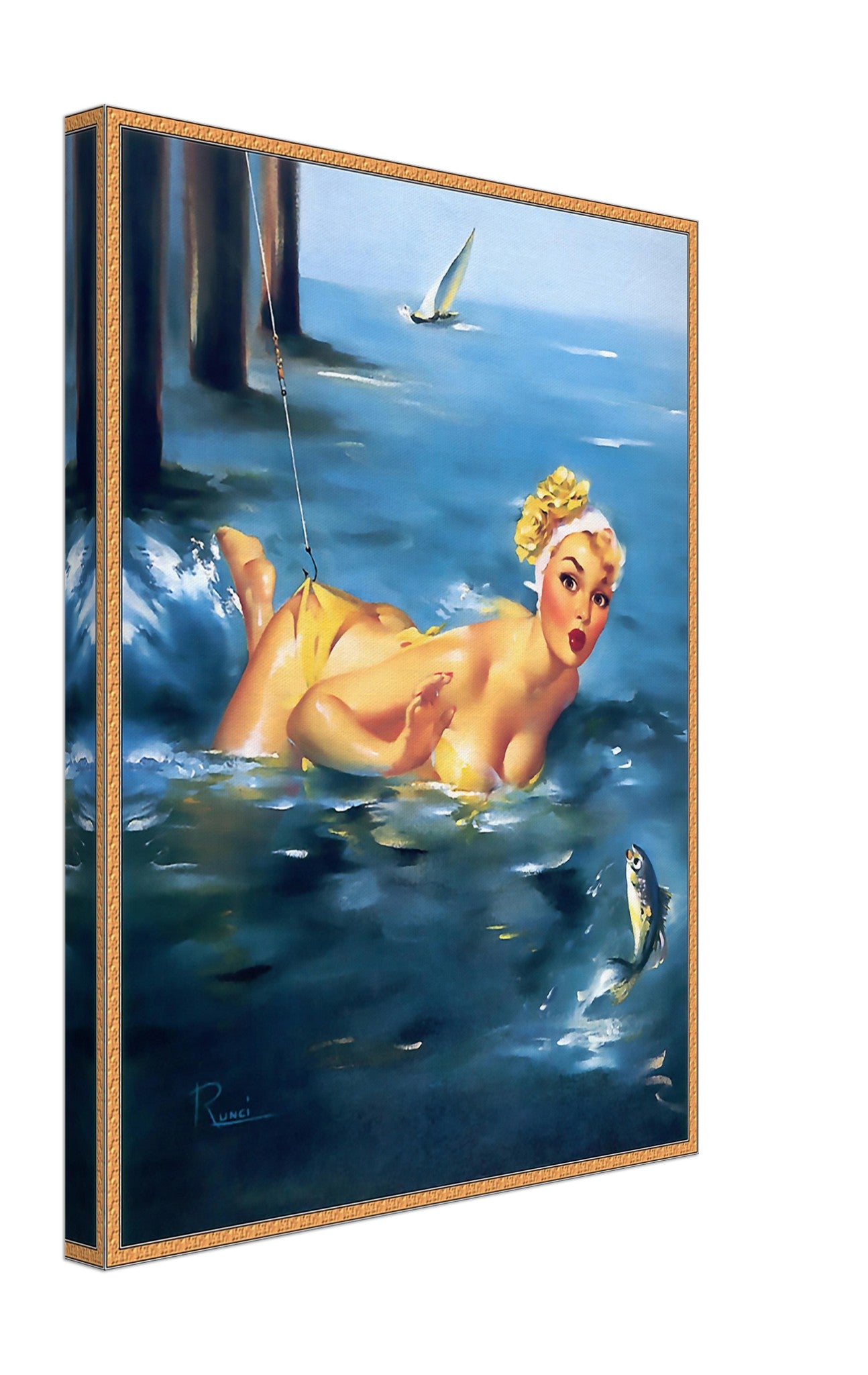 Vintage Pin Up Girl Canvas, Yellow Bikini, Edward Runci - Vintage Art - Retro Pin Up Girl Canvas Print - Late 1940'S - 1950'S - WallArtPrints4U