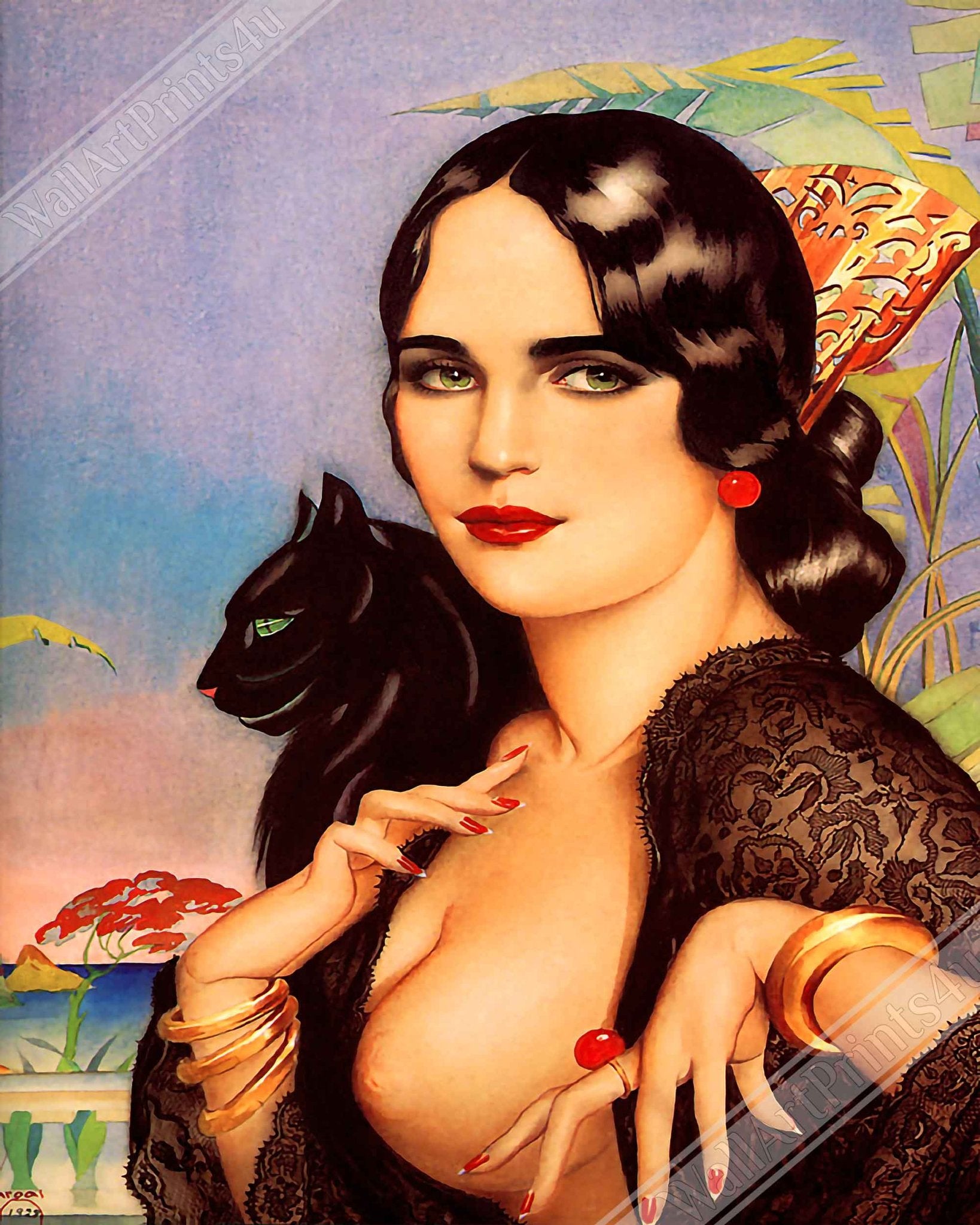 Vintage Pin Up Girl Framed, Alberto Vargas, Spanish Gypsy Black Cat - Vintage Art - Retro Pin Up Girl Framed Print - 1928 - WallArtPrints4U