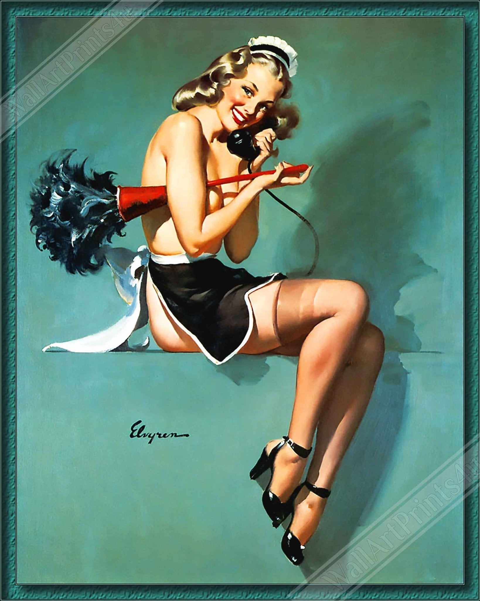 Vintage Pin Up Girl Framed, On The Phone Cleaning - Gil Elvgren, Vintage Art - Retro Pin Up Girl Framed Print - Late 1940'S - 1950'S - WallArtPrints4U