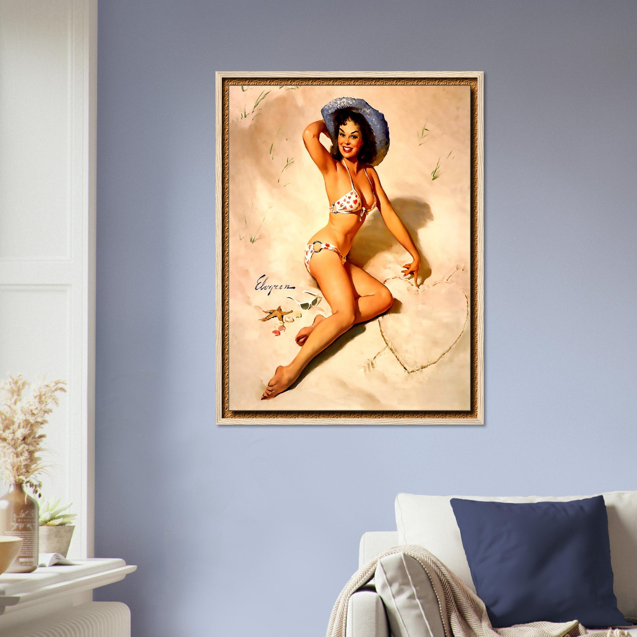 Vintage Pin Up Girl Framed Print, Bikini With Hearts, Gil Elvgren - Vintage Art - Retro Pin Up Girl Framed - Late 1940's - 1950's - WallArtPrints4U