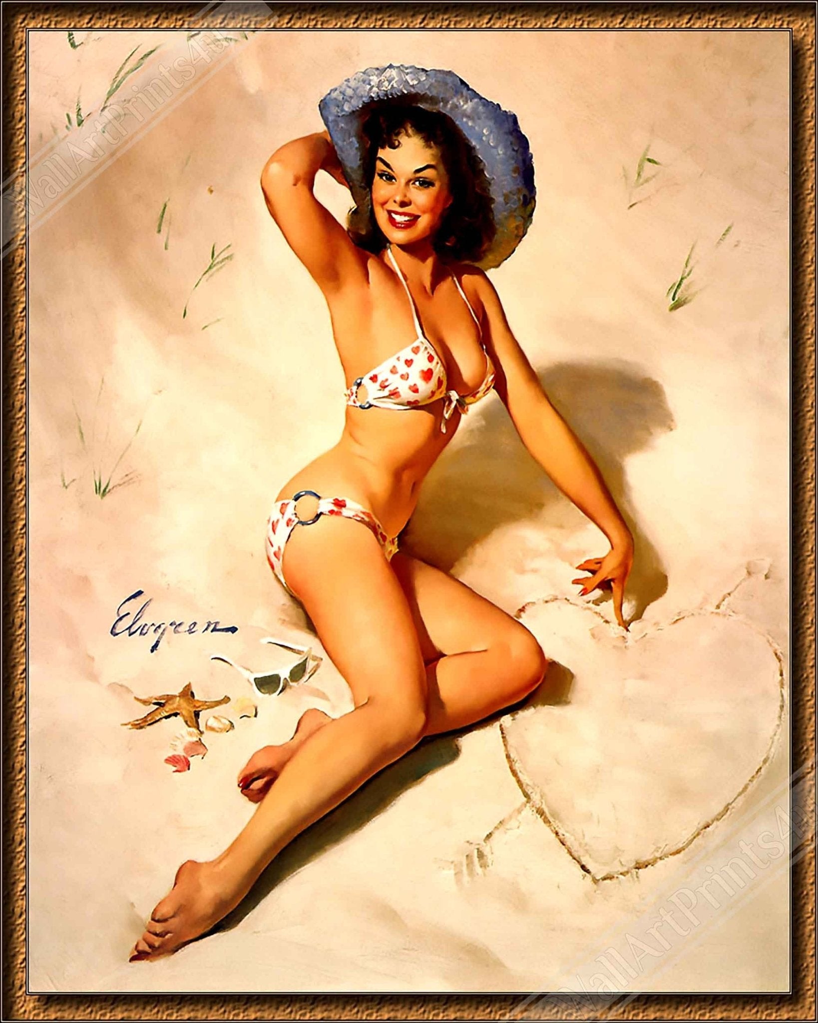 Vintage Pin Up Girl Framed Print, Bikini With Hearts, Gil Elvgren - Vintage Art - Retro Pin Up Girl Framed - Late 1940's - 1950's - WallArtPrints4U