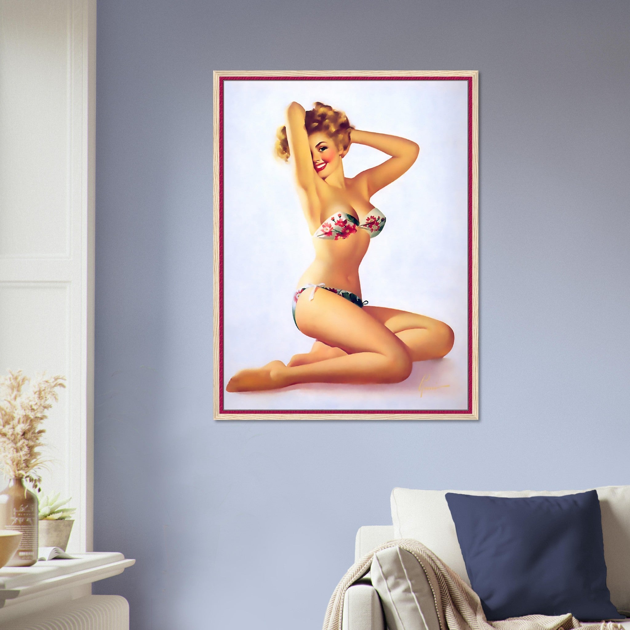 Vintage Pin Up Girl Framed, Red Flowers On Bikini - Edward Runci - Vintage Art - Retro Pin Up Girl Framed Print - Late 1940'S - 1950'S - WallArtPrints4U