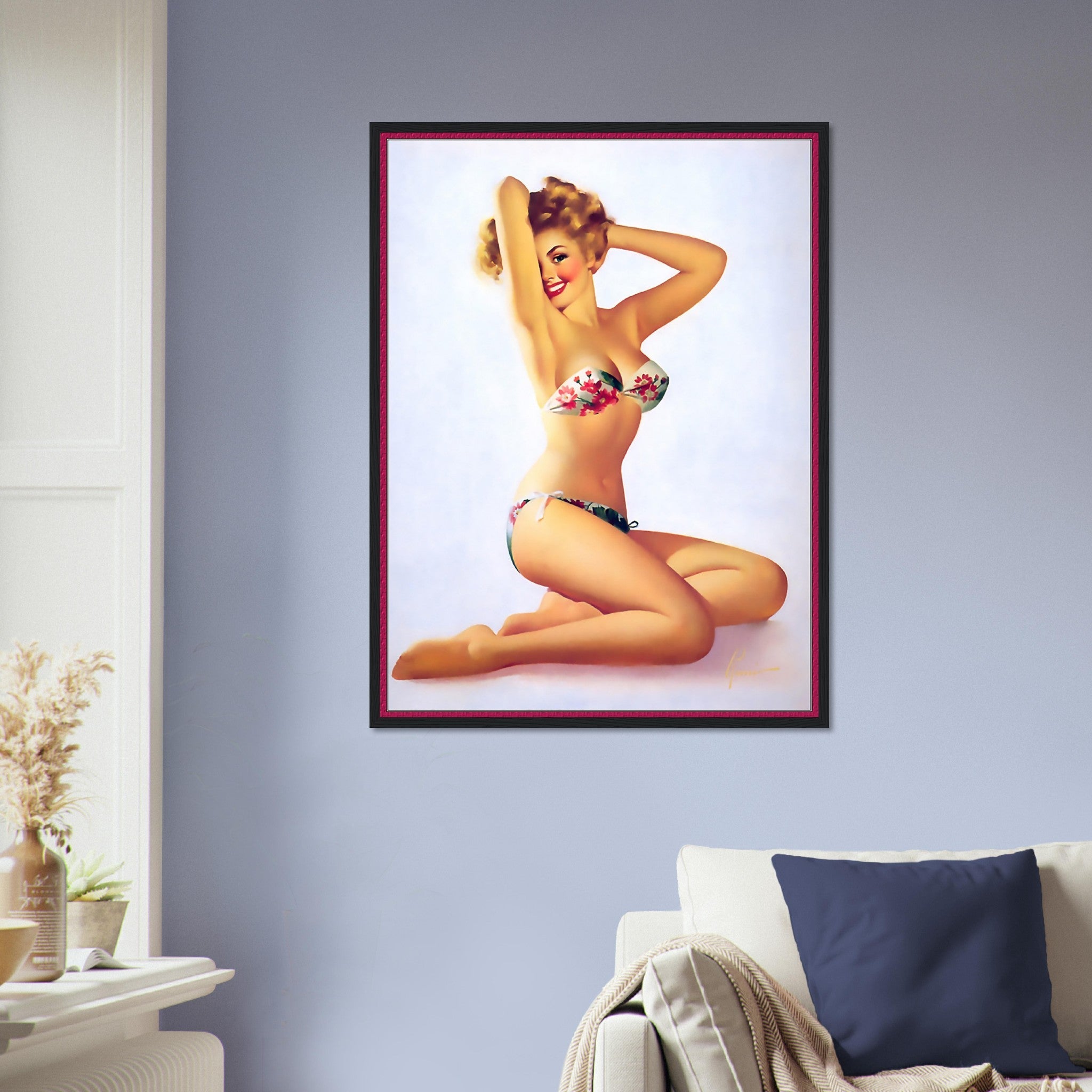 Vintage Pin Up Girl Framed, Red Flowers On Bikini - Edward Runci - Vintage Art - Retro Pin Up Girl Framed Print - Late 1940'S - 1950'S - WallArtPrints4U