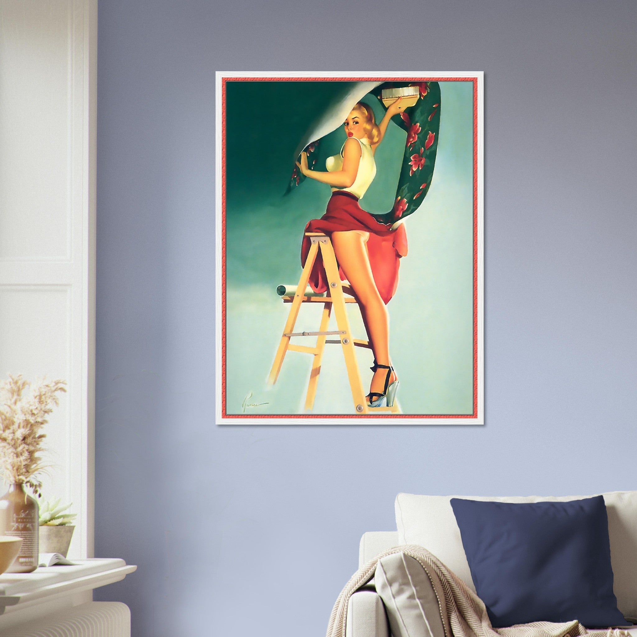 Vintage Pin Up Girl Framed, Skirt Caught Wallpaper, Edward Runci - Vintage Art - Retro Pin Up Girl Framed Print - Late 1940'S - 1950'S - WallArtPrints4U