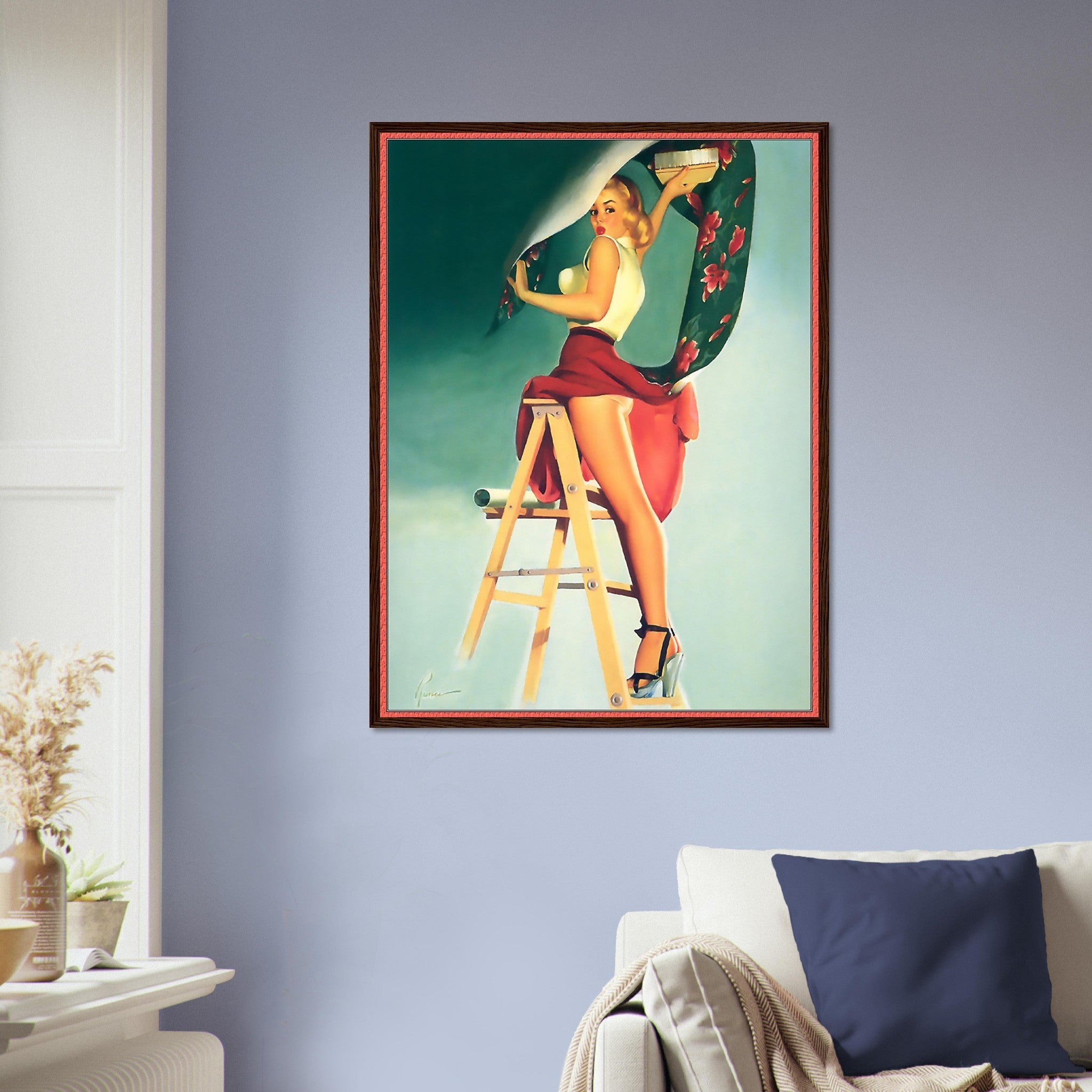 Vintage Pin Up Girl Framed, Skirt Caught Wallpaper, Edward Runci - Vintage Art - Retro Pin Up Girl Framed Print - Late 1940'S - 1950'S - WallArtPrints4U