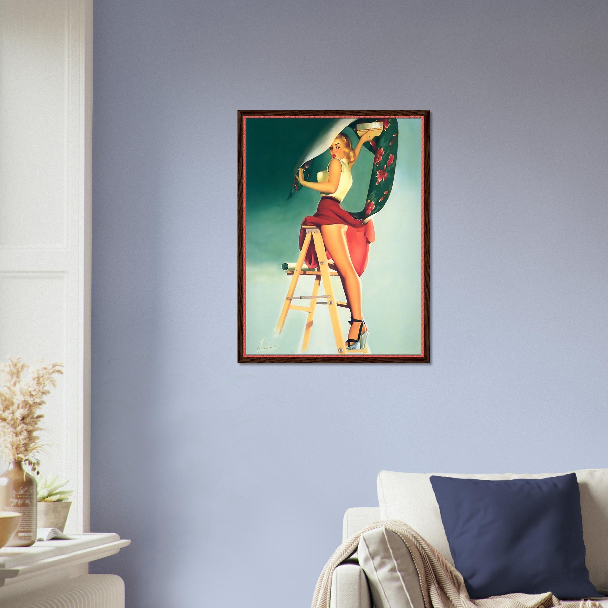 Vintage Pin Up Girl Framed, Skirt Caught Wallpaper, Edward Runci - Vintage Art - Retro Pin Up Girl Framed Print - Late 1940'S - 1950'S - WallArtPrints4U