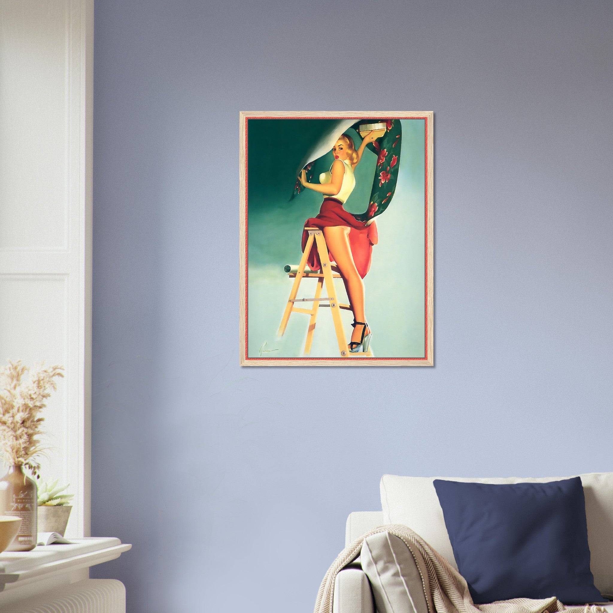Vintage Pin Up Girl Framed, Skirt Caught Wallpaper, Edward Runci - Vintage Art - Retro Pin Up Girl Framed Print - Late 1940'S - 1950'S - WallArtPrints4U