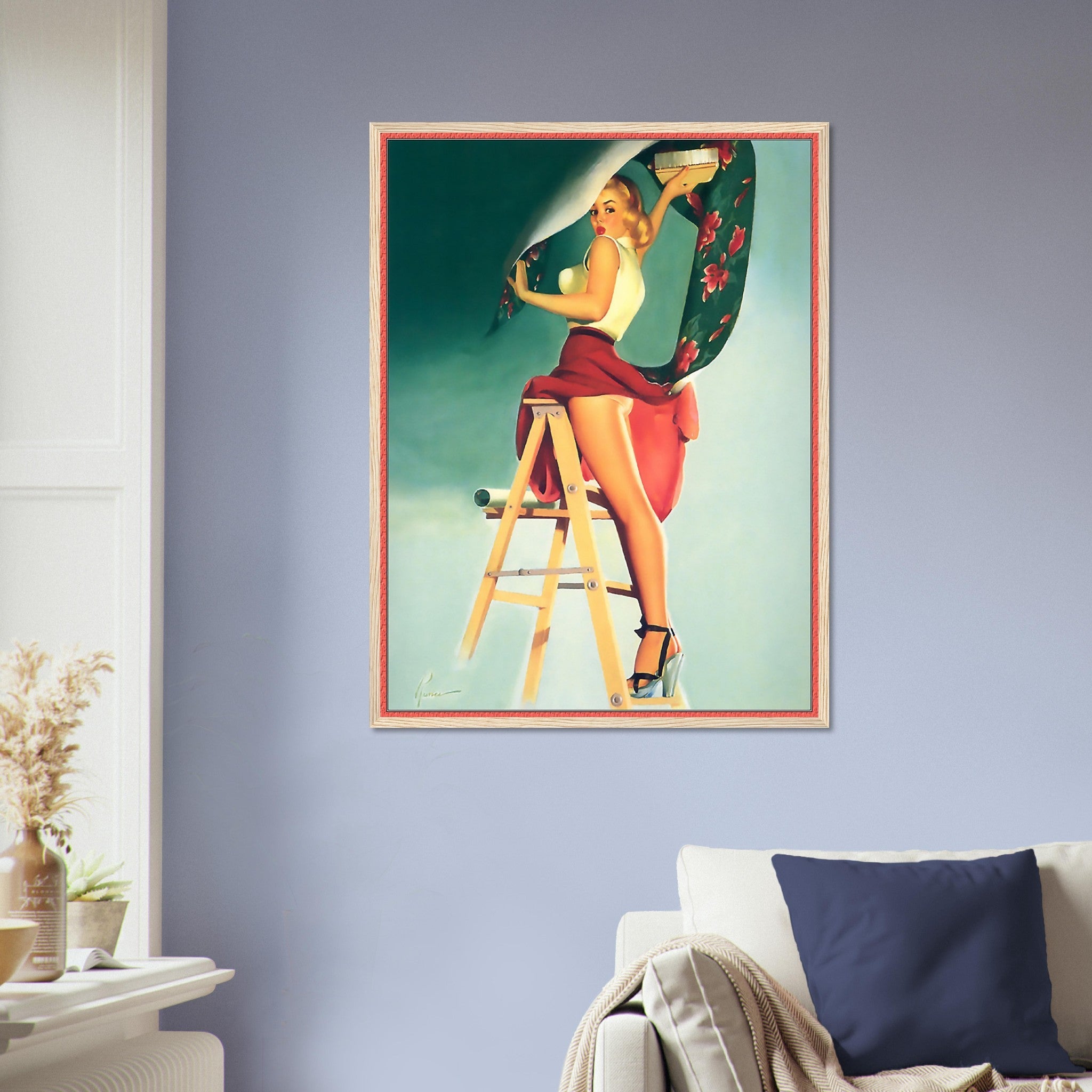 Vintage Pin Up Girl Framed, Skirt Caught Wallpaper, Edward Runci - Vintage Art - Retro Pin Up Girl Framed Print - Late 1940'S - 1950'S - WallArtPrints4U