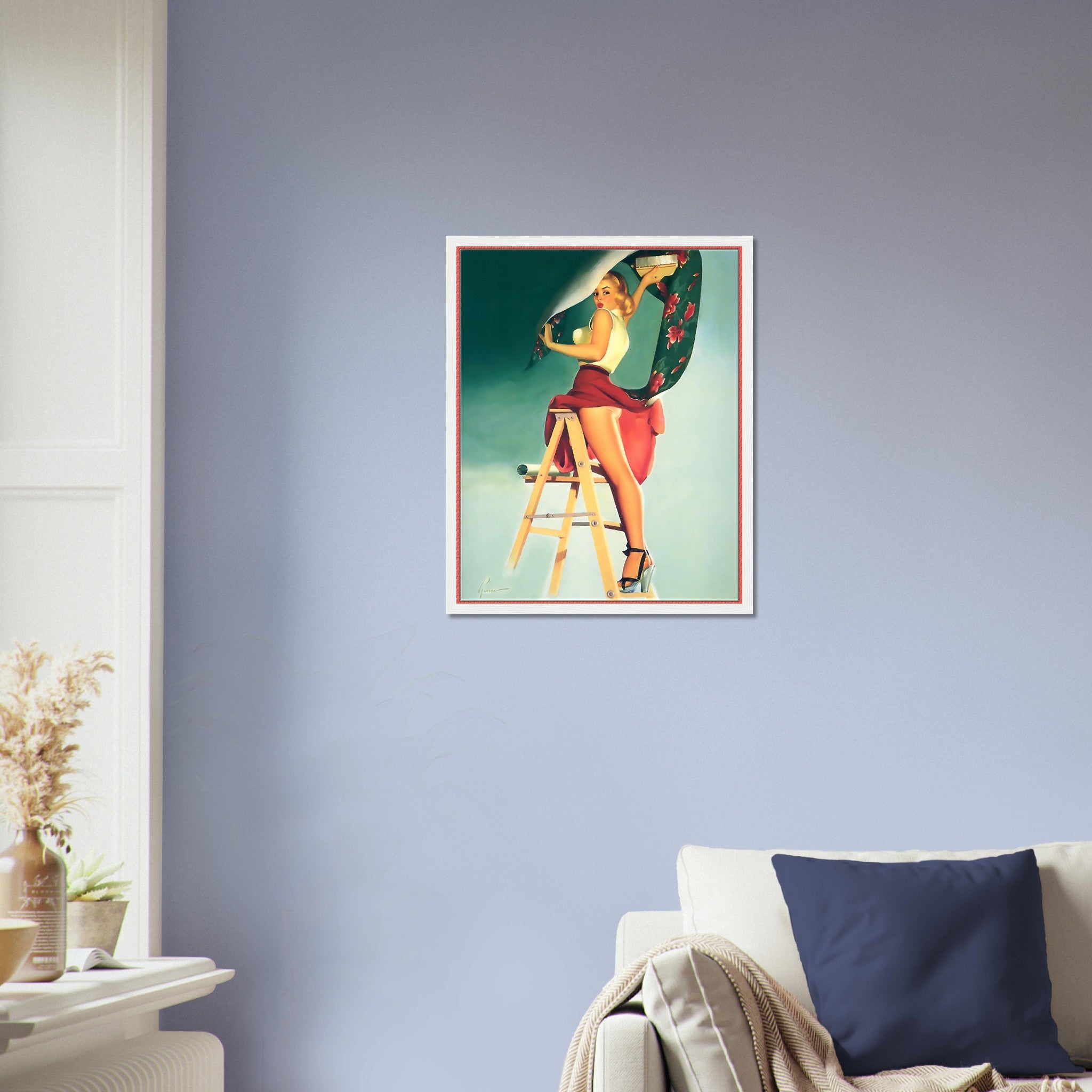 Vintage Pin Up Girl Framed, Skirt Caught Wallpaper, Edward Runci - Vintage Art - Retro Pin Up Girl Framed Print - Late 1940'S - 1950'S - WallArtPrints4U