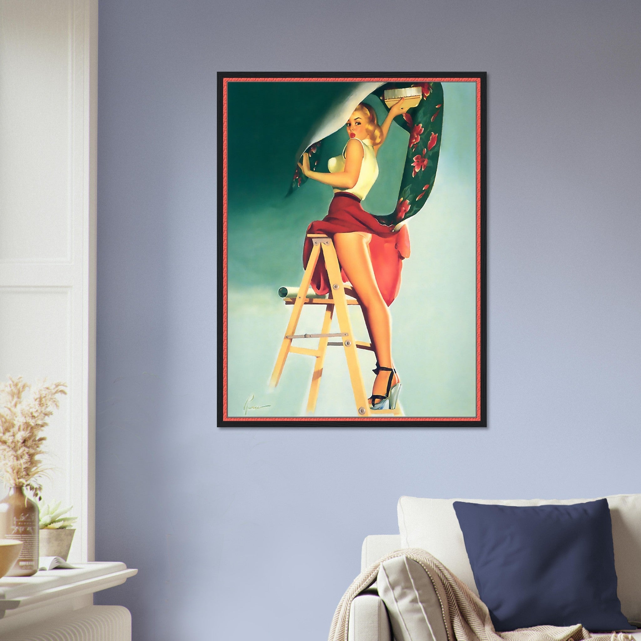 Vintage Pin Up Girl Framed, Skirt Caught Wallpaper, Edward Runci - Vintage Art - Retro Pin Up Girl Framed Print - Late 1940'S - 1950'S - WallArtPrints4U
