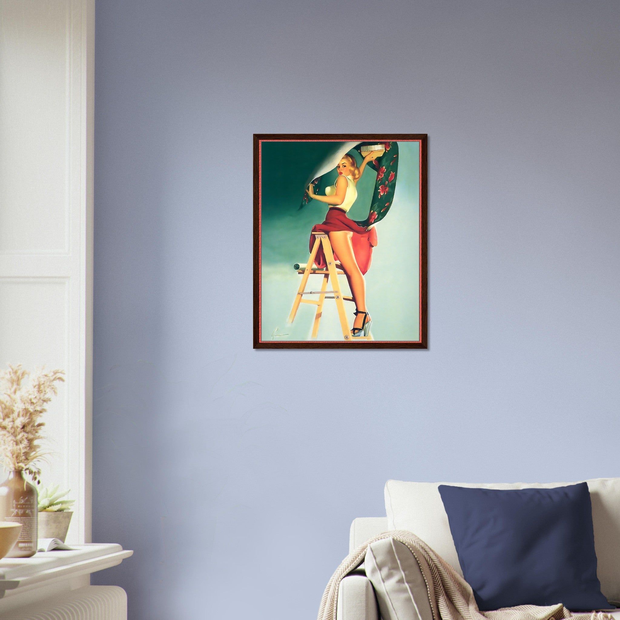 Vintage Pin Up Girl Framed, Skirt Caught Wallpaper, Edward Runci - Vintage Art - Retro Pin Up Girl Framed Print - Late 1940'S - 1950'S - WallArtPrints4U