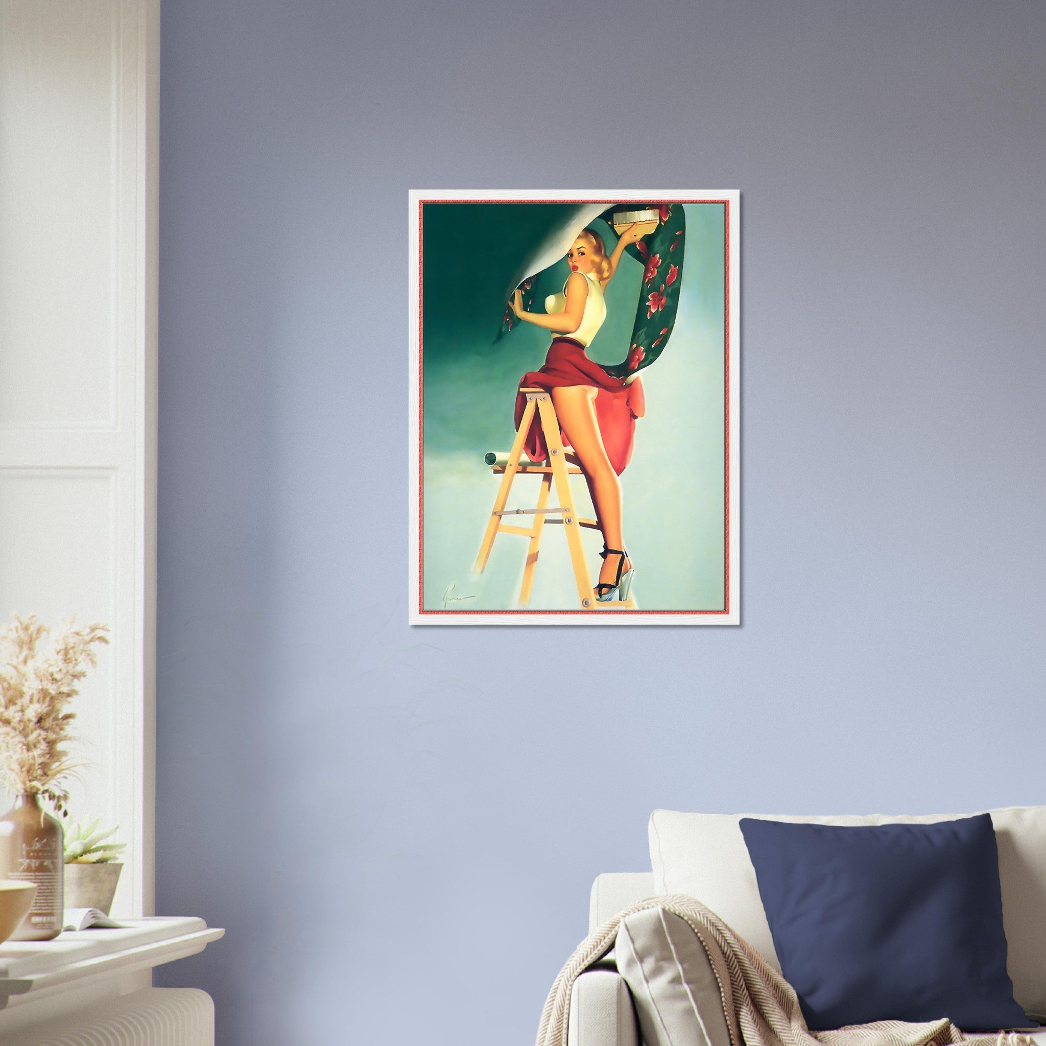 Vintage Pin Up Girl Framed, Skirt Caught Wallpaper, Edward Runci - Vintage Art - Retro Pin Up Girl Framed Print - Late 1940'S - 1950'S - WallArtPrints4U