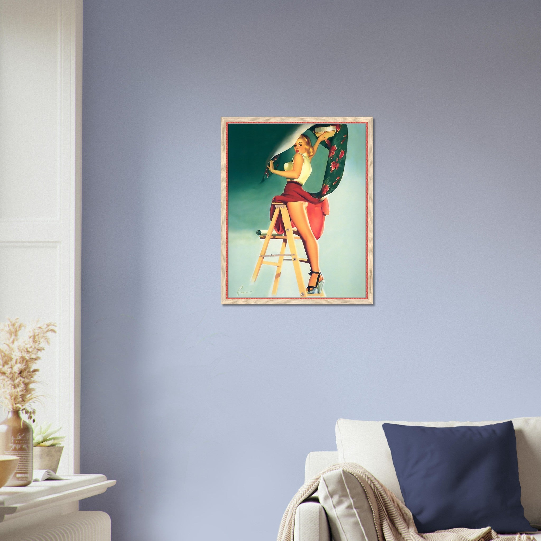 Vintage Pin Up Girl Framed, Skirt Caught Wallpaper, Edward Runci - Vintage Art - Retro Pin Up Girl Framed Print - Late 1940'S - 1950'S - WallArtPrints4U