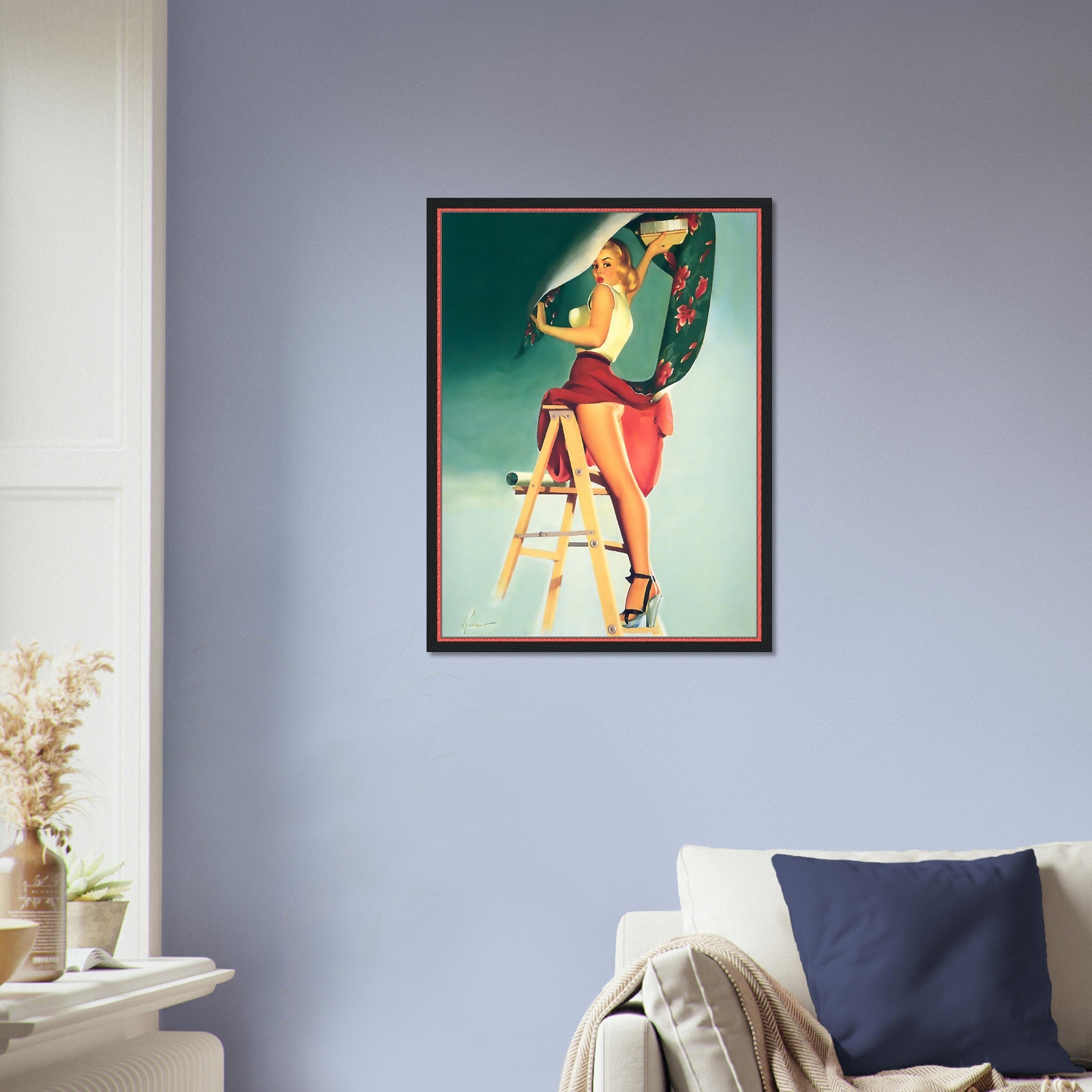 Vintage Pin Up Girl Framed, Skirt Caught Wallpaper, Edward Runci - Vintage Art - Retro Pin Up Girl Framed Print - Late 1940'S - 1950'S - WallArtPrints4U
