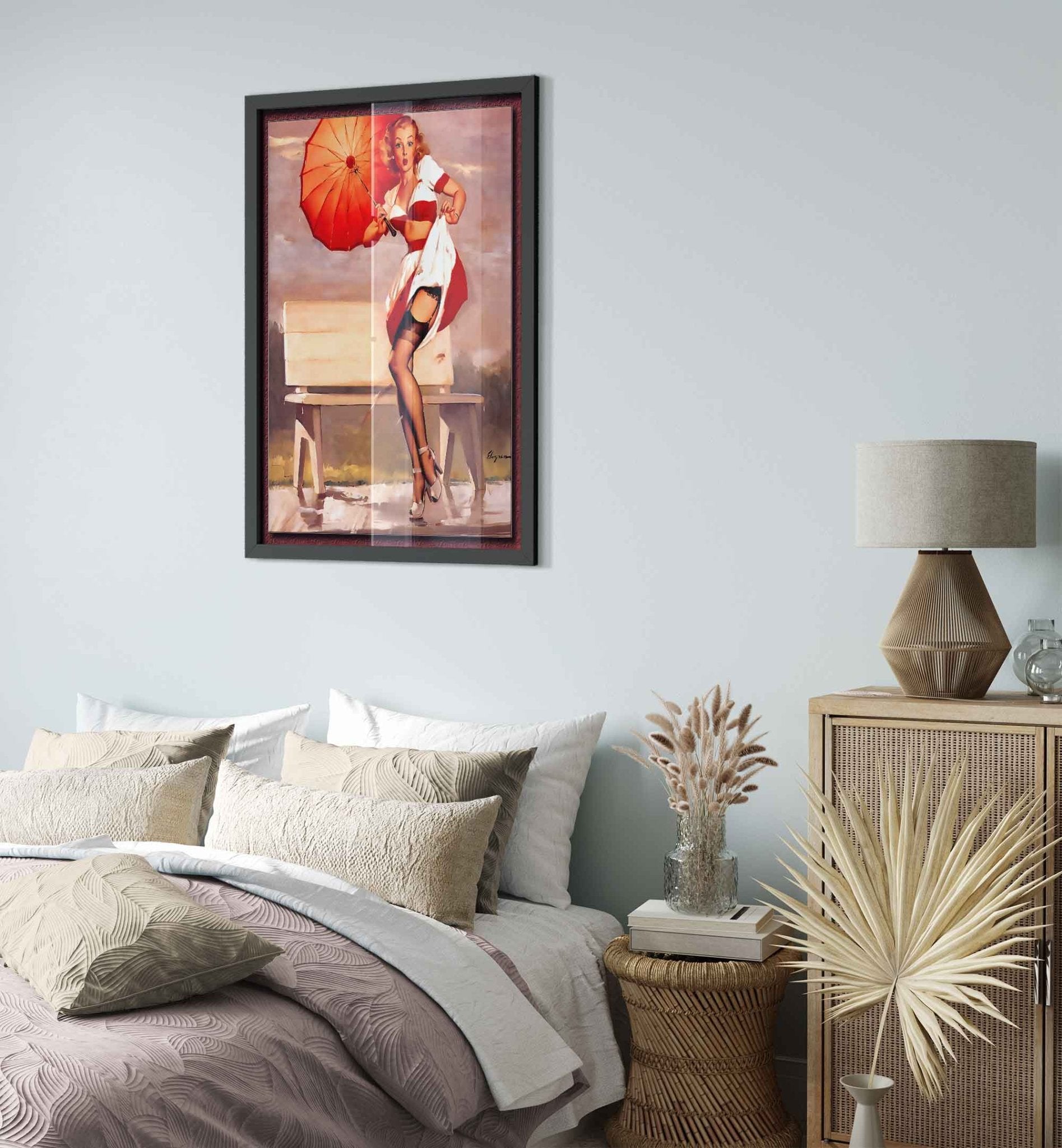 Vintage Pin Up Girl Framed, Windy Park Bench - Vintage Art - Gil Elvgren - Retro Pin Up Girl Framed Print - Late 1940'S - 1950'S - WallArtPrints4U