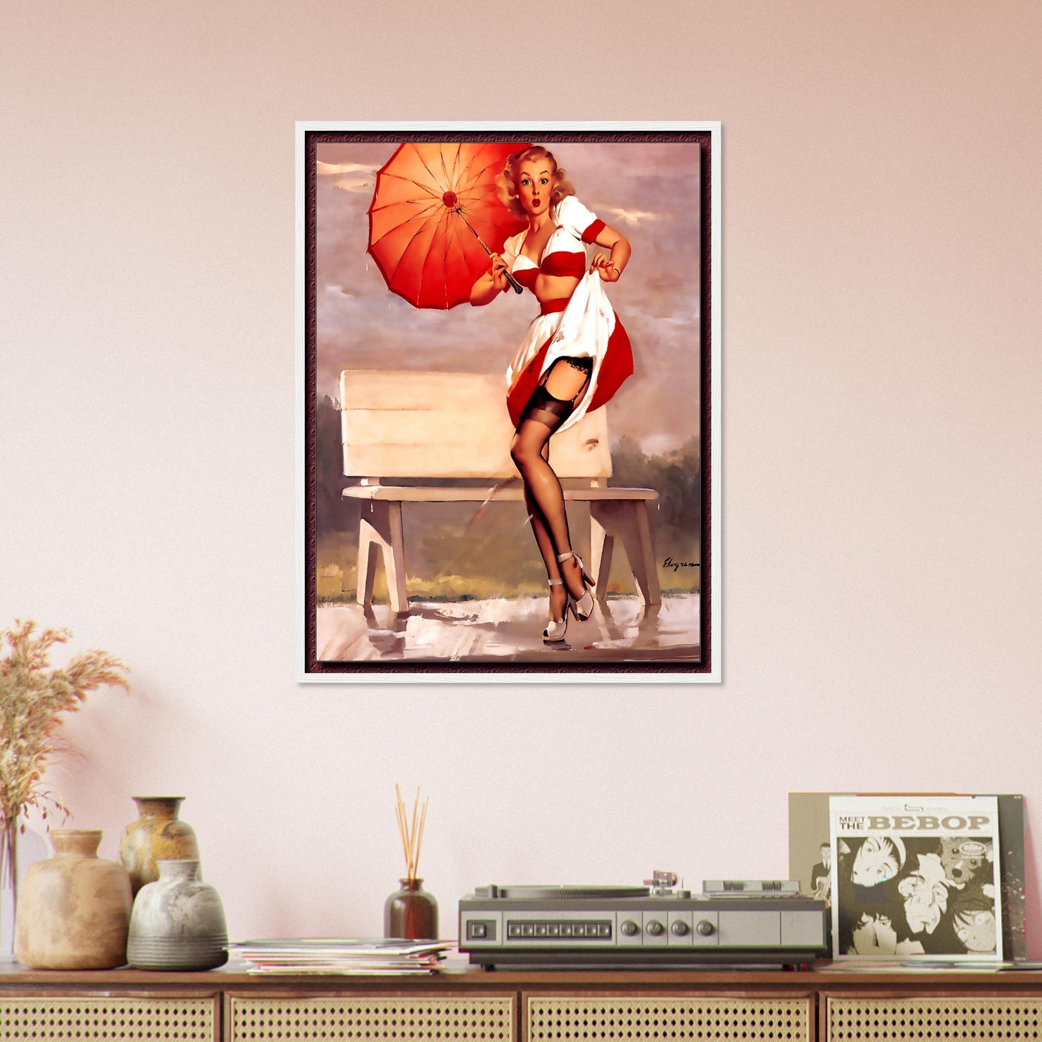 Vintage Pin Up Girl Framed, Windy Park Bench - Vintage Art - Gil Elvgren - Retro Pin Up Girl Framed Print - Late 1940'S - 1950'S - WallArtPrints4U
