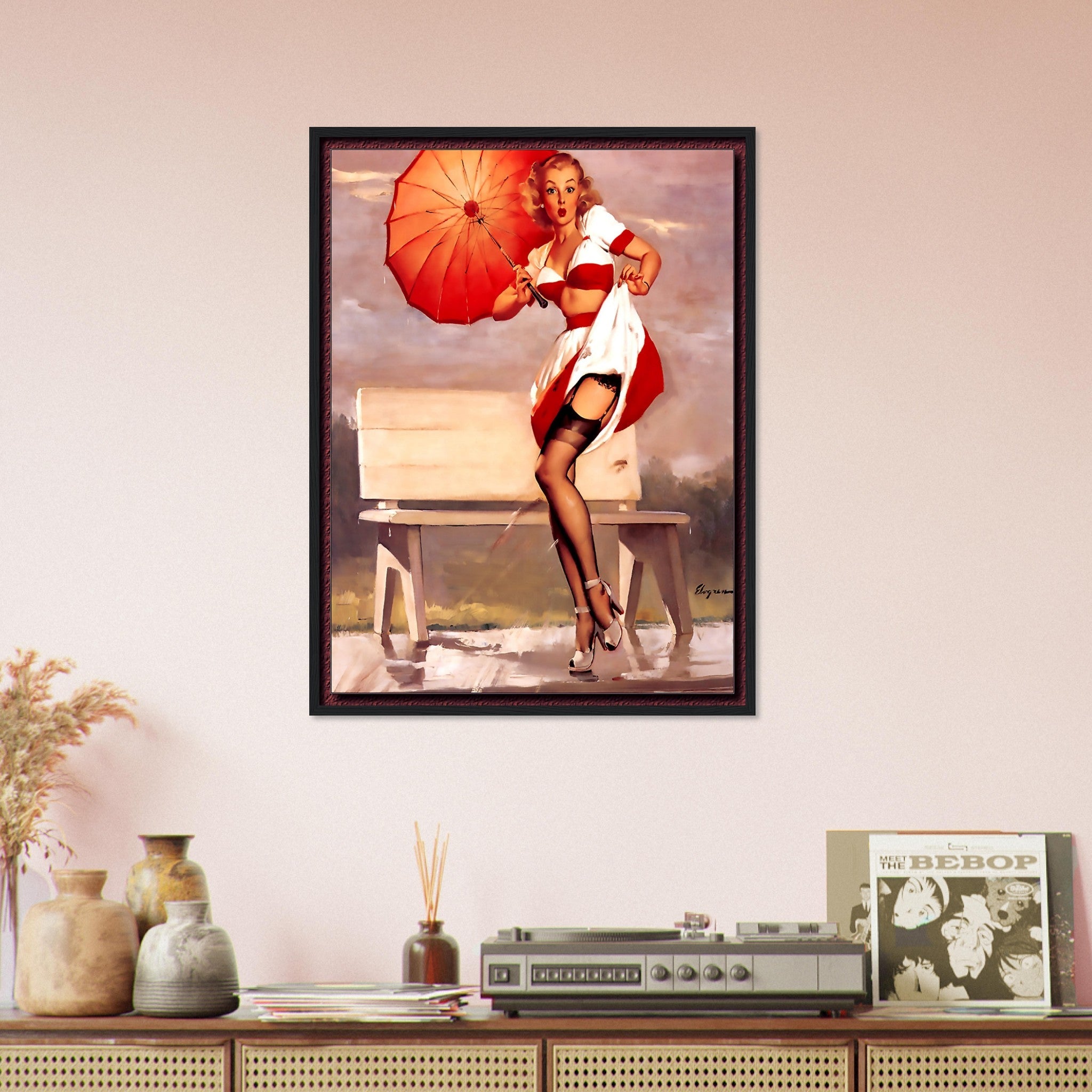 Vintage Pin Up Girl Framed, Windy Park Bench - Vintage Art - Gil Elvgren - Retro Pin Up Girl Framed Print - Late 1940'S - 1950'S - WallArtPrints4U