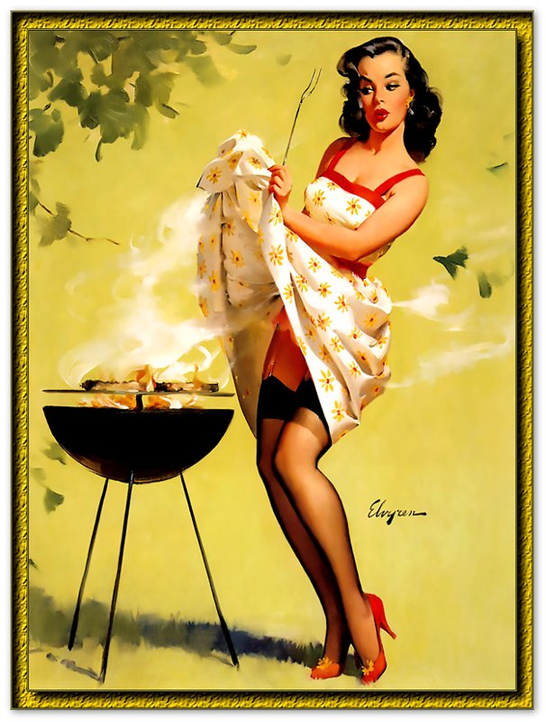 Vintage Pin Up Girl Poster, Barbeque Fanning Smoke - Gil Elvgren - Vintage Art - Retro Pin Up Girl Print - Late 1940'S - 1950'S - WallArtPrints4U