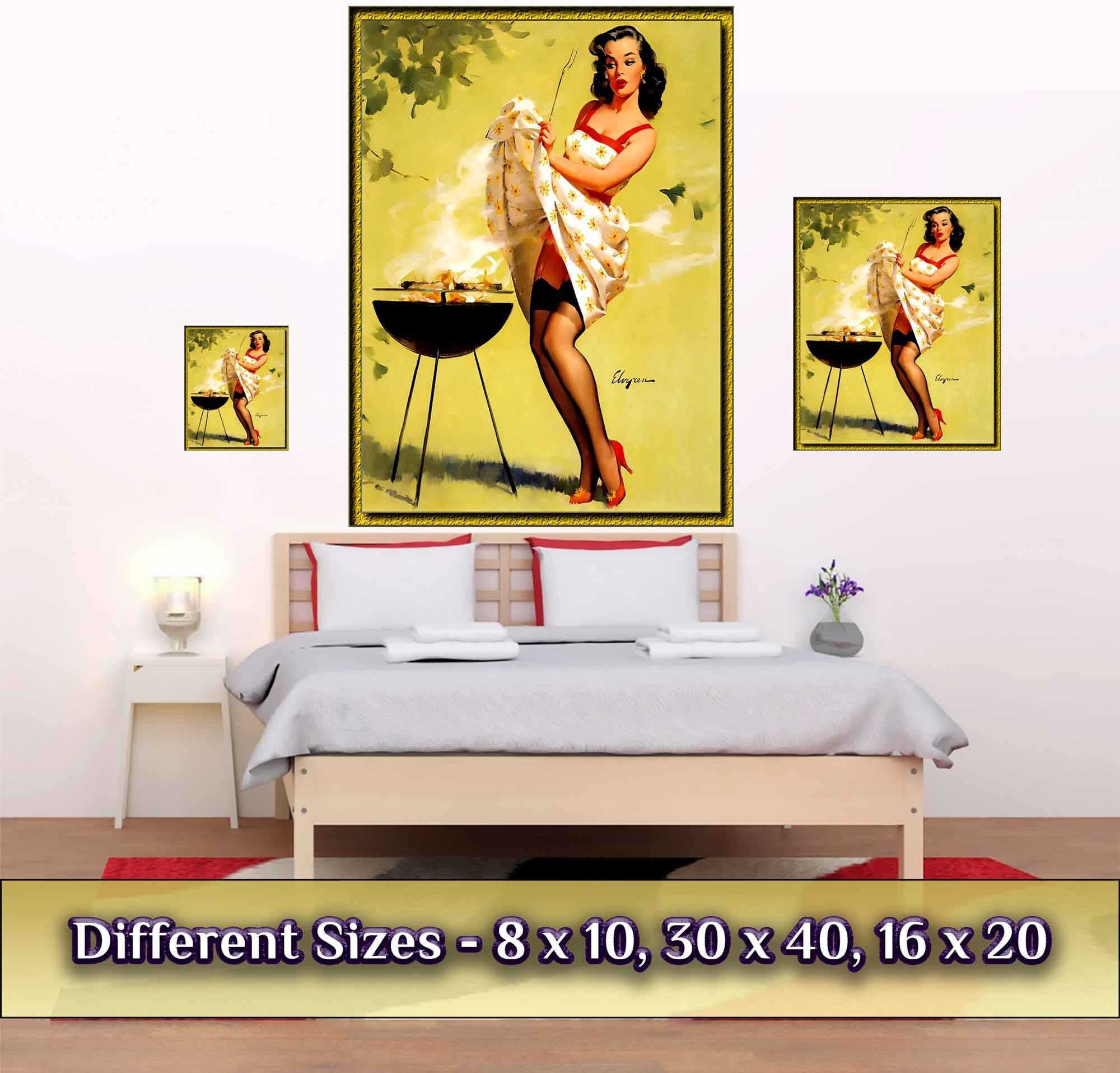 Vintage Pin Up Girl Poster, Barbeque Fanning Smoke - Gil Elvgren - Vintage Art - Retro Pin Up Girl Print - Late 1940'S - 1950'S - WallArtPrints4U