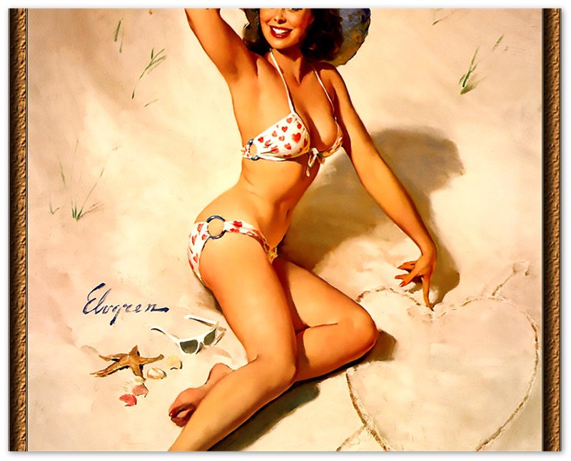 Vintage Pin Up Girl Poster, Bikini With Hearts, Gil Elvgren - Vintage Art - Retro Pin Up Girl Print - Late 1940'S - 1950'S - WallArtPrints4U