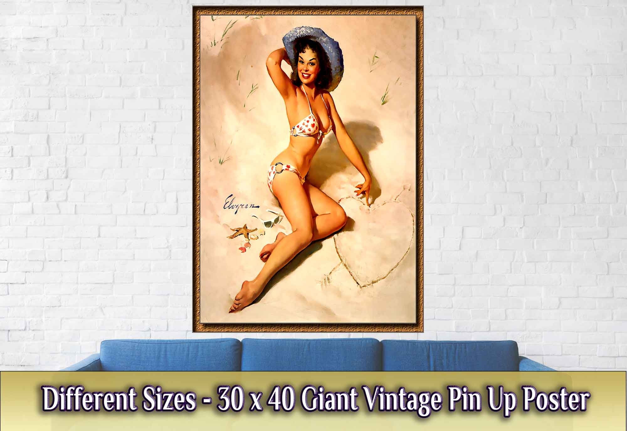 Vintage Pin Up Girl Poster, Bikini With Hearts, Gil Elvgren - Vintage Art - Retro Pin Up Girl Print - Late 1940'S - 1950'S - WallArtPrints4U