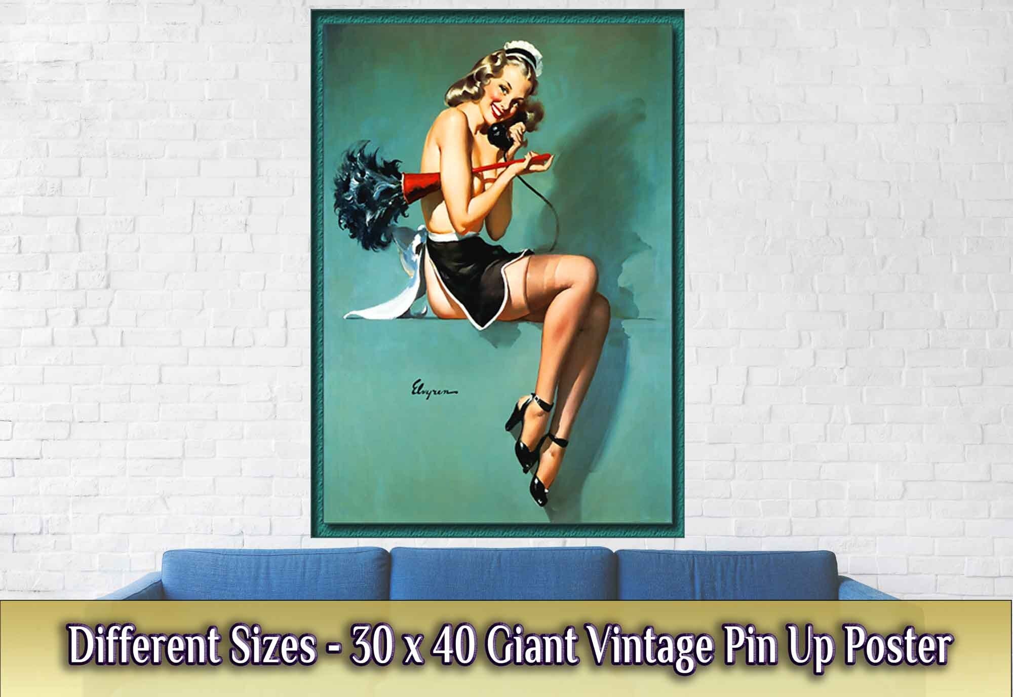 Vintage Pin Up Girl Poster, On The Phone Cleaning - Gil Elvgren, Vintage Art - Retro Pin Up Girl Print - Late 1940'S - 1950'S - WallArtPrints4U