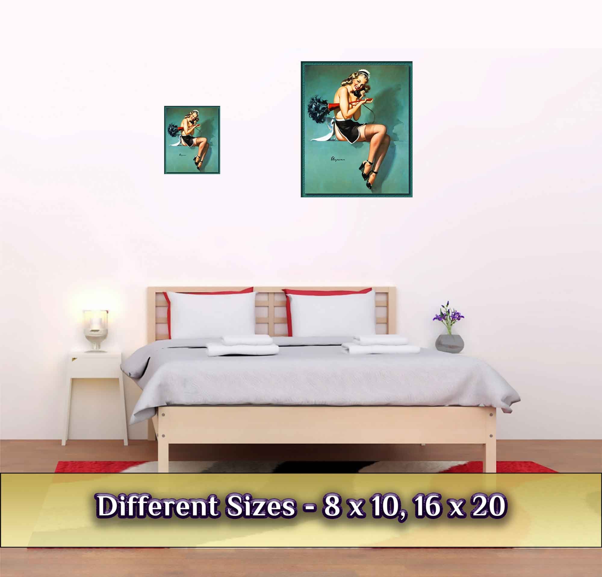 Vintage Pin Up Girl Poster, On The Phone Cleaning - Gil Elvgren, Vintage Art - Retro Pin Up Girl Print - Late 1940'S - 1950'S - WallArtPrints4U