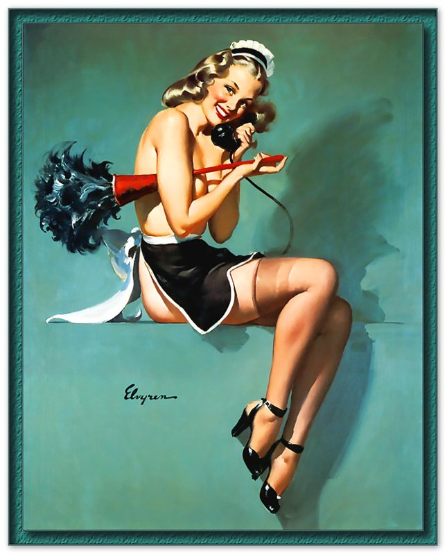 Vintage Pin Up Girl Poster, On The Phone Cleaning - Gil Elvgren, Vintage Art - Retro Pin Up Girl Print - Late 1940'S - 1950'S - WallArtPrints4U
