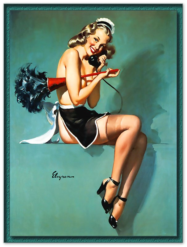 Vintage Pin Up Girl Poster, On The Phone Cleaning - Gil Elvgren, Vintage Art - Retro Pin Up Girl Print - Late 1940'S - 1950'S - WallArtPrints4U