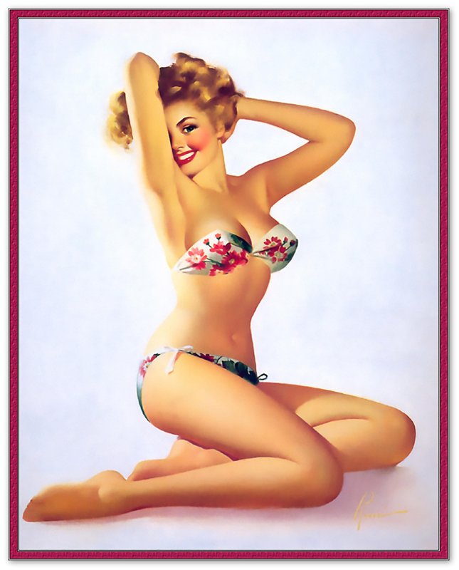 Vintage Pin Up Girl Poster, Red Flowers On Bikini - Edward Runci - Vintage Art - Retro Pin Up Girl Print - Late 1940'S - 1950'S - WallArtPrints4U