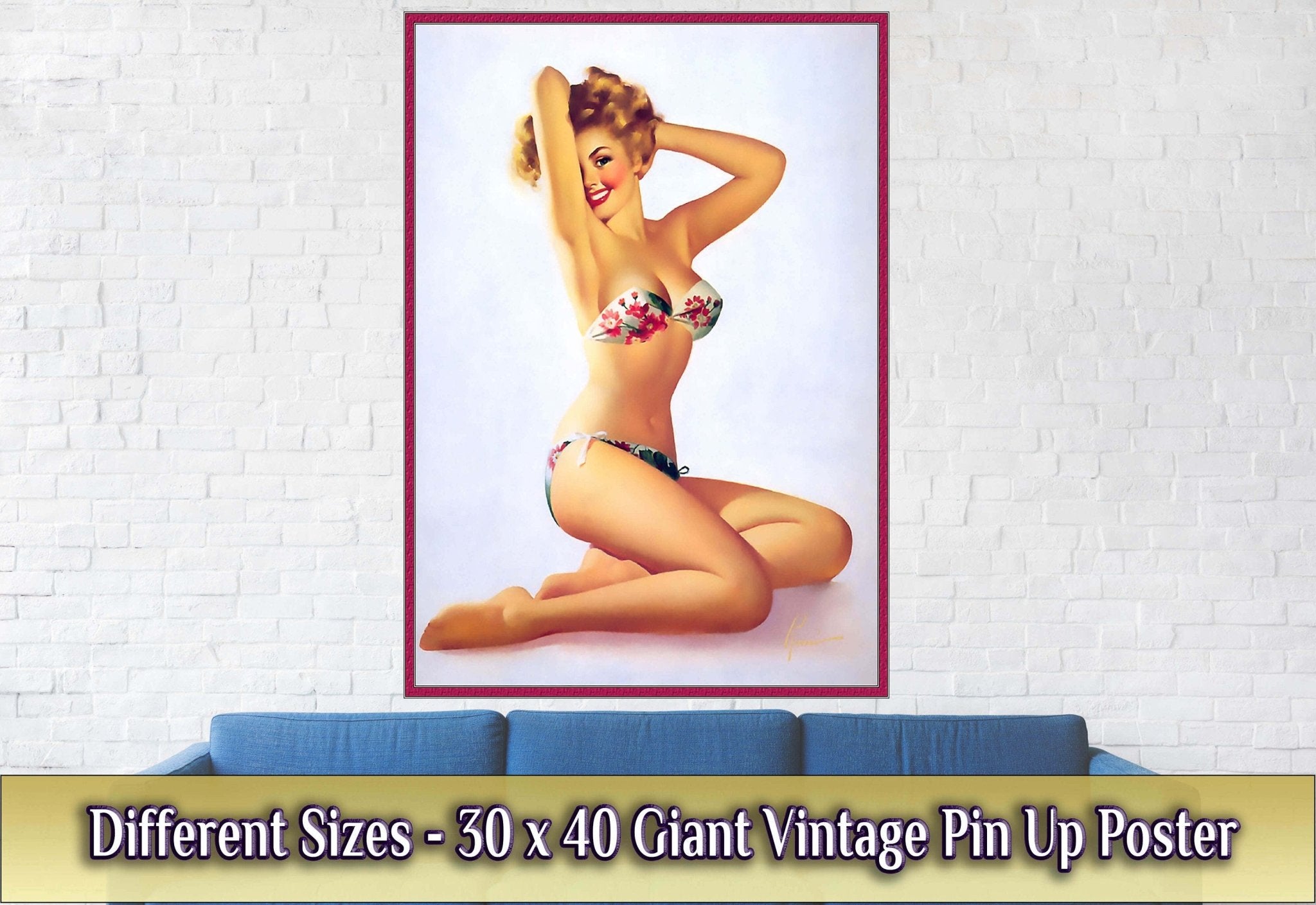 Vintage Pin Up Girl Poster, Red Flowers On Bikini - Edward Runci - Vintage Art - Retro Pin Up Girl Print - Late 1940'S - 1950'S - WallArtPrints4U