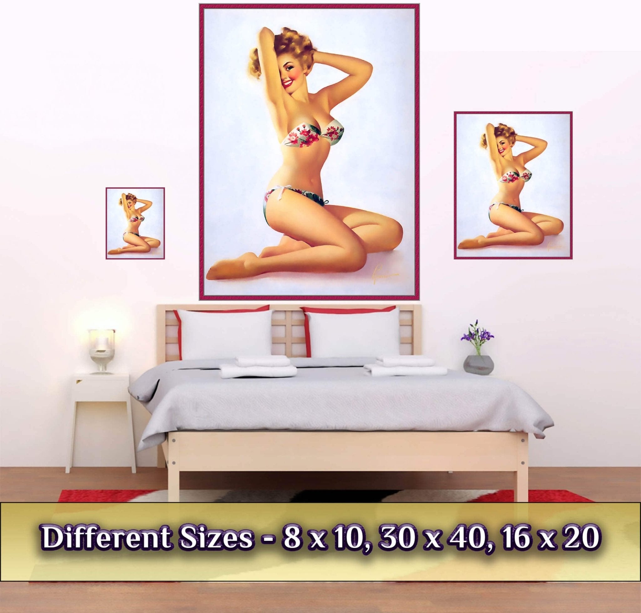 Vintage Pin Up Girl Poster, Red Flowers On Bikini - Edward Runci - Vintage Art - Retro Pin Up Girl Print - Late 1940'S - 1950'S - WallArtPrints4U