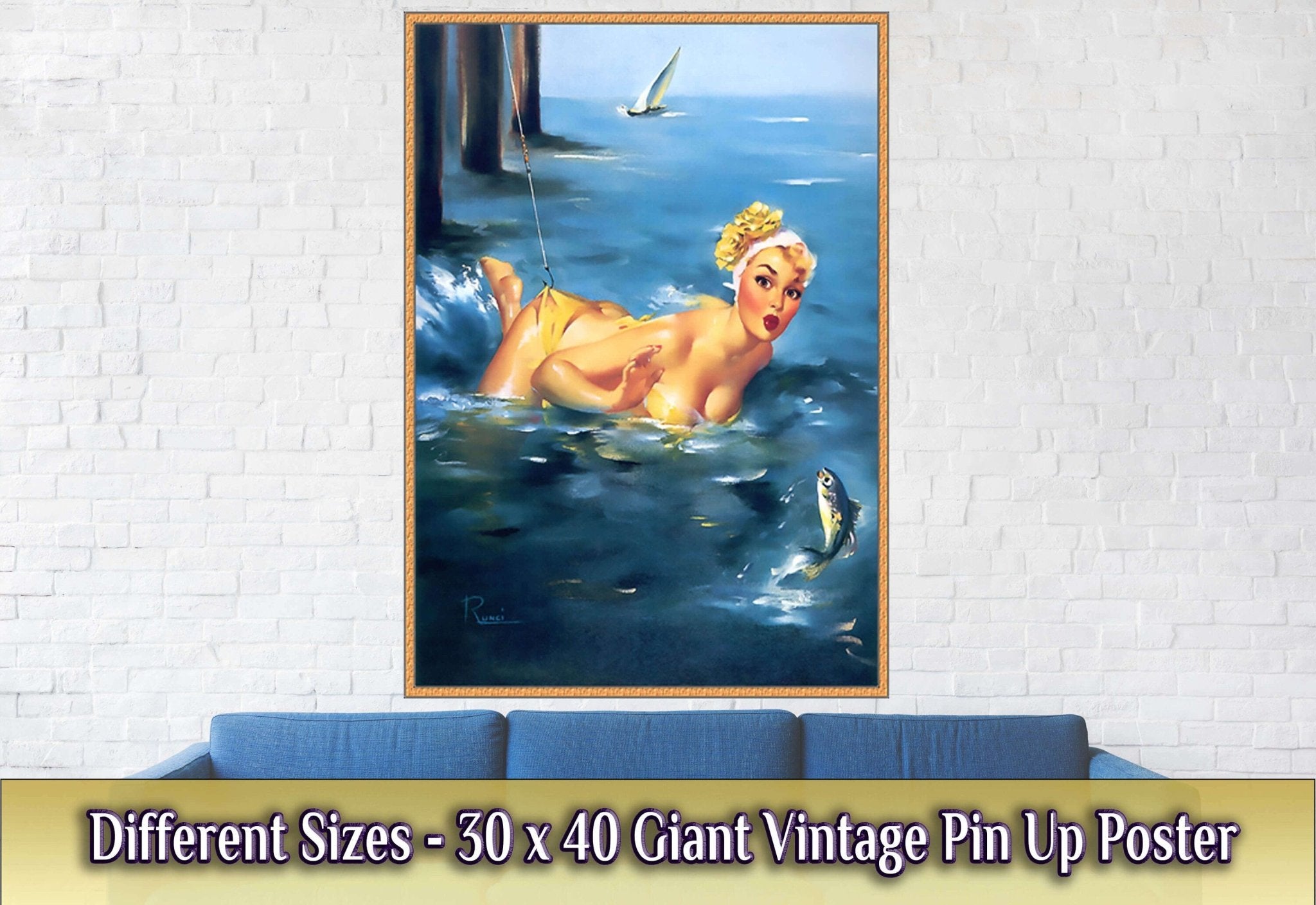 Vintage Pin Up Girl Poster, Yellow Bikini, Edward Runci - Vintage Art - Retro Pin Up Girl Print - Late 1940'S - 1950'S - WallArtPrints4U