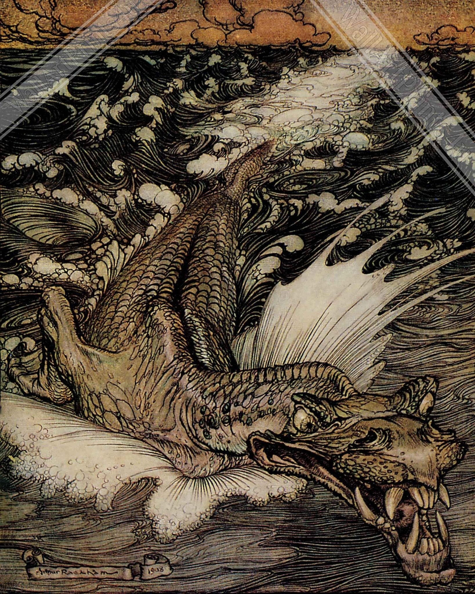 Vintage Sea Monster Poster - Arthur Rackham Leviathan Sea Dragon - Arthur Rackham Print - WallArtPrints4U