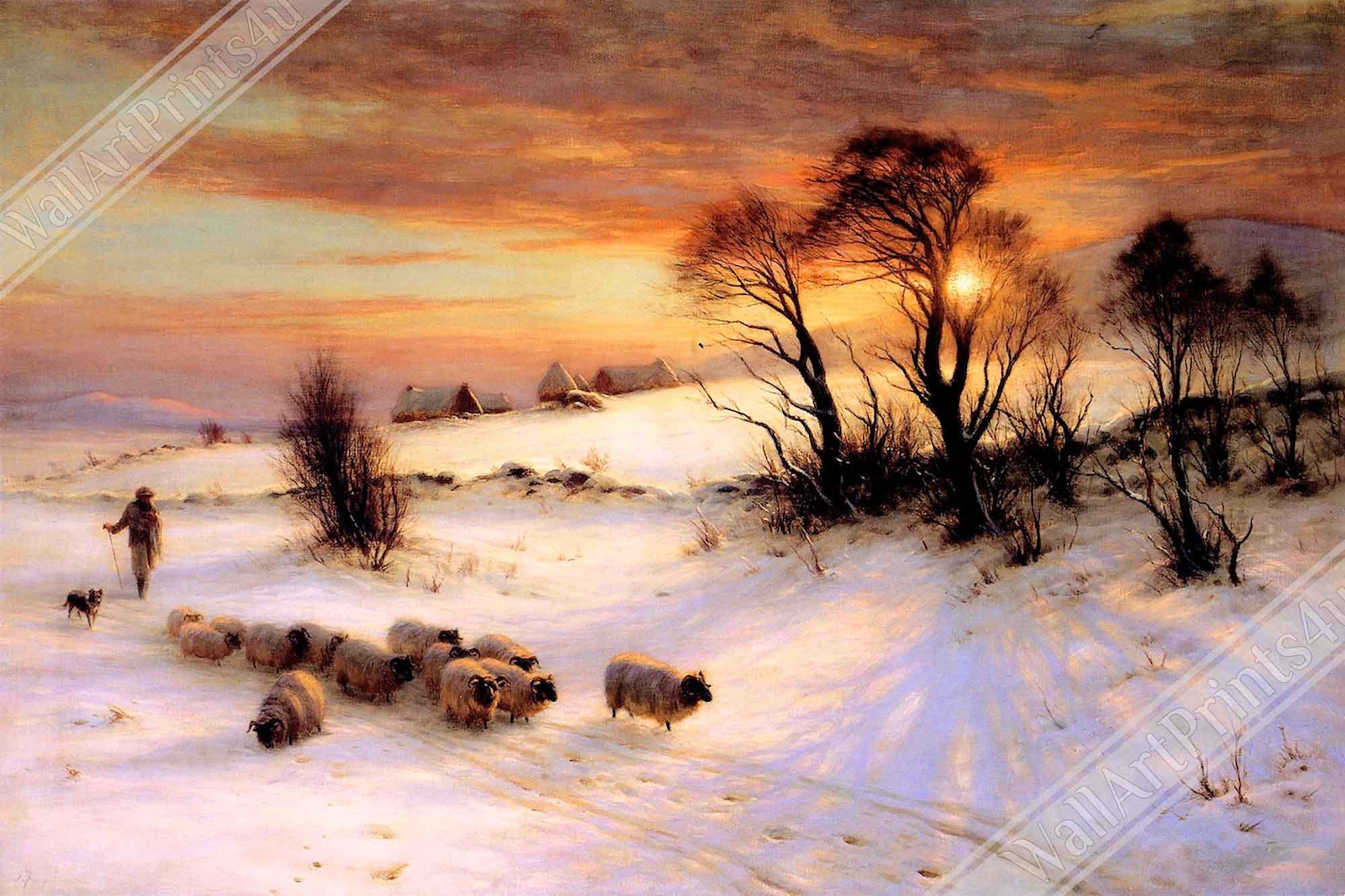 Vintage Winter Poster Print, Herding Sheep In A Winter Landscape At Sunset, Joseph Farquharson 1903 - WallArtPrints4U