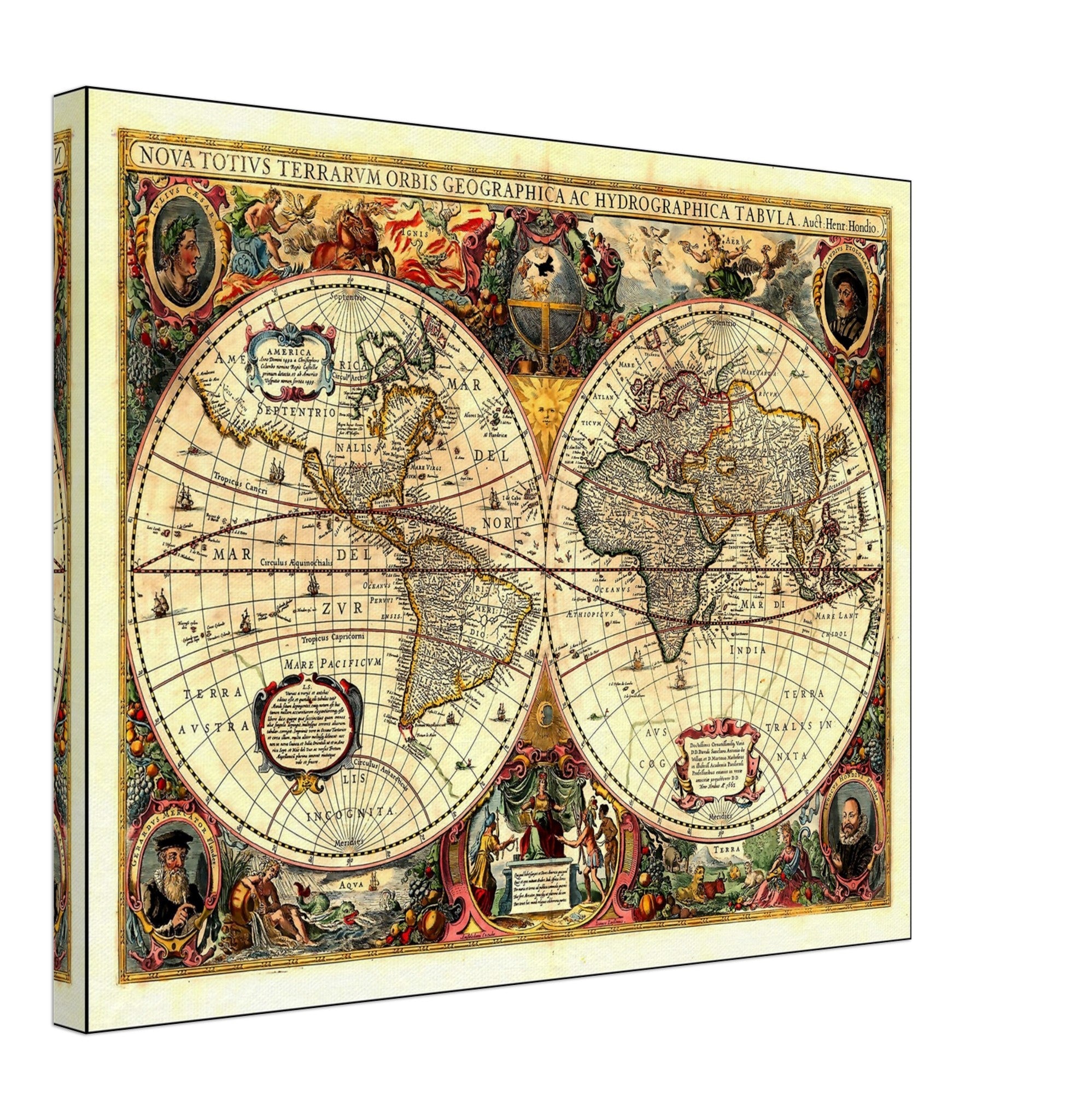 Vintage World Map Canvas, Henricus Hondius, World Map Canvas Print 1663, Old Map Art, Terrarum Orbis Geographica - WallArtPrints4U