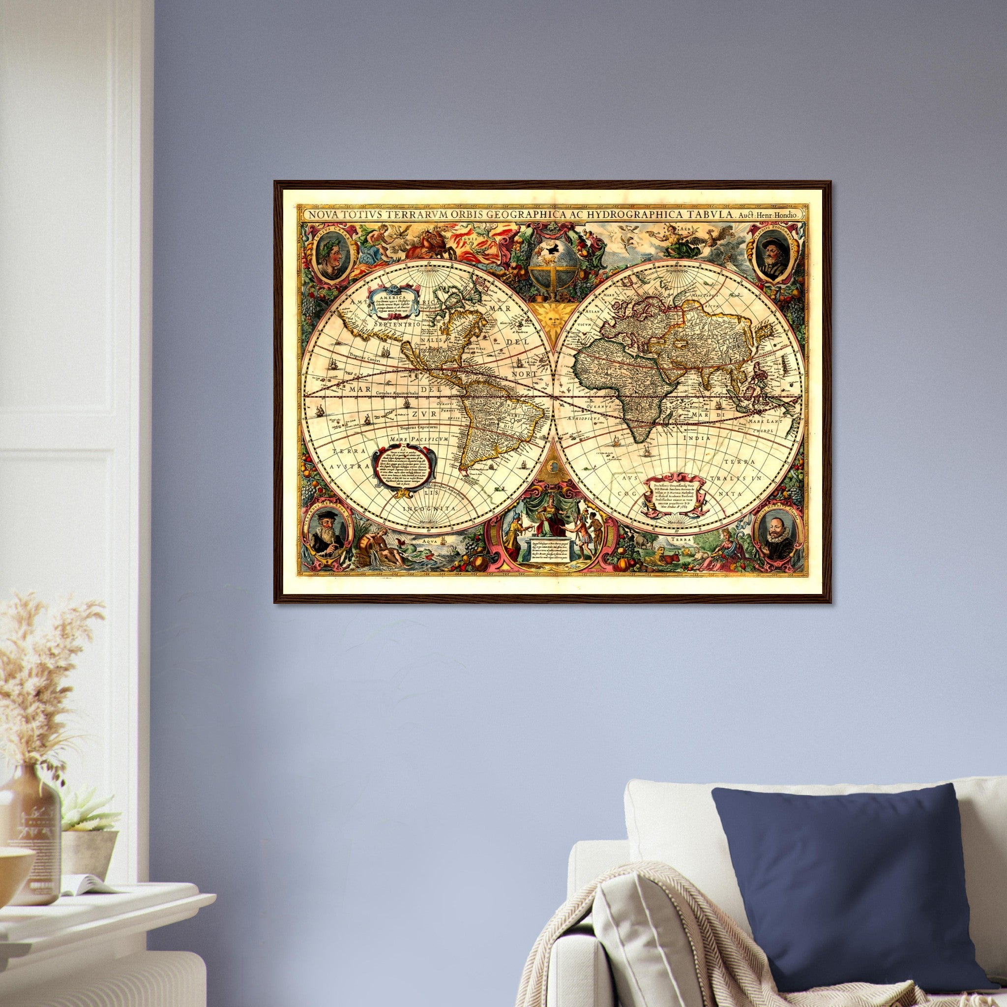 Vintage World Map Framed, Henricus Hondius, World Map Framed Print 1663, Old Map Art, Terrarum Orbis Geographica - WallArtPrints4U