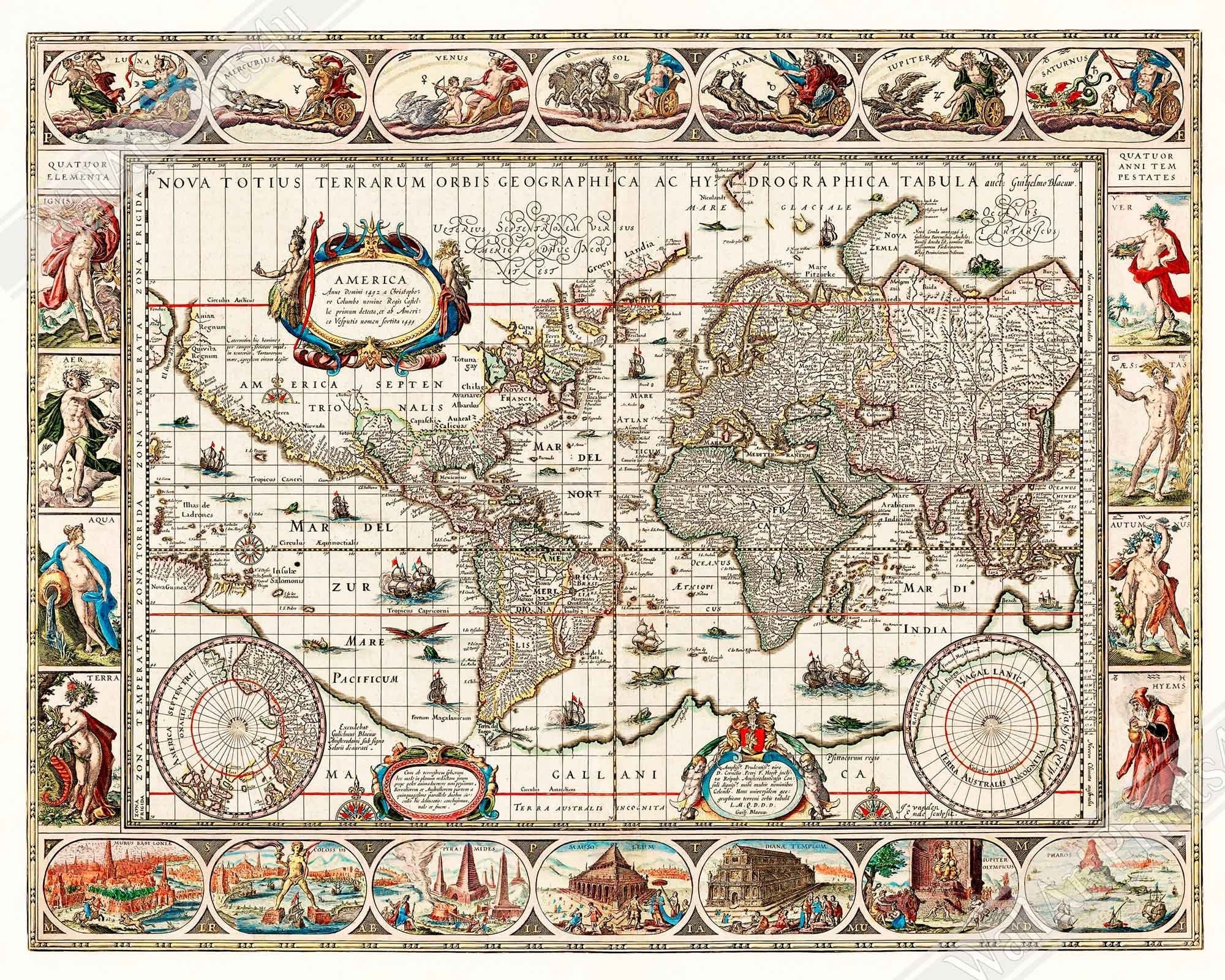 Vintage World Map Print From 1628, Vintage Map Wall Art, Nova Totius Terrarum Orbis, Jan Jansson - WallArtPrints4U