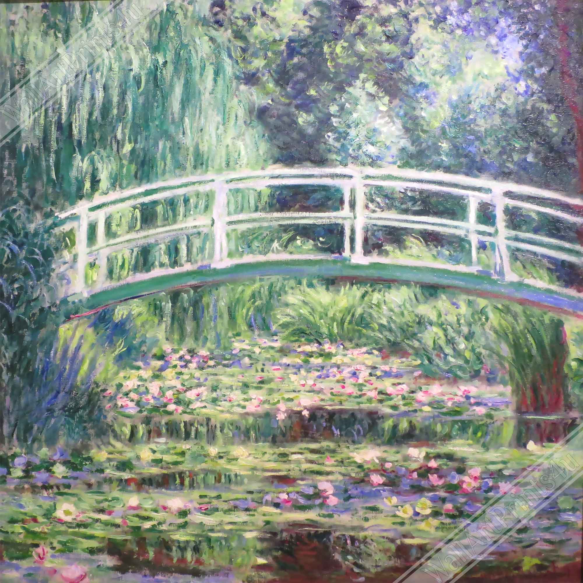 Water Lily Pond Canvas Print, Japanese Bridge Over A Pond Of Water Lil